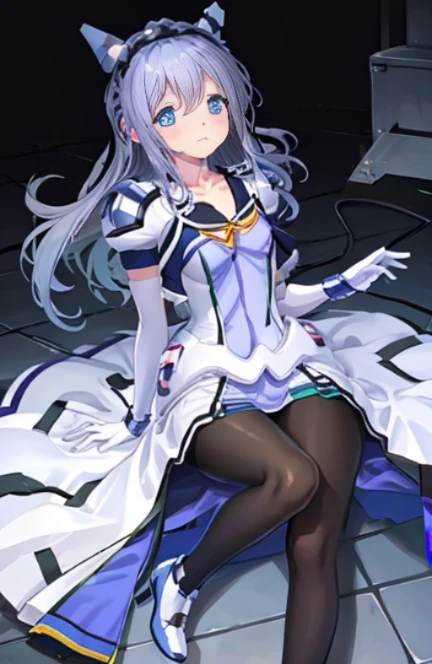 highest quality，lean against the wall，Symphonic_Sugar,light blue hair,navy blue eyes,hair ornament,long hair,white long_glove,light blue short dress,black pantyhose,high heel, ,glove，elegant, 1 girl, cute, blushed, looking at the viewer, from below, prison，beautiful eyes, beautiful background, particles of light, Light of the sun, dramatic lighting, outside, shiny, realistic, highest quality, Super detailed, get used to it, scenery, beautiful and detailed eyes, thin hair，full body shot，