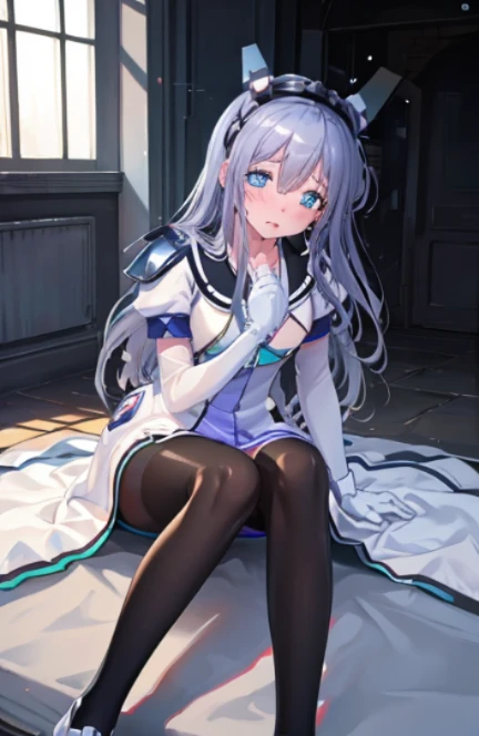 highest quality，lean against the wall，Symphonic_Sugar,light blue hair,navy blue eyes,hair ornament,long hair,white long_glove,light blue short dress,black pantyhose,high heel, ,glove，elegant, 1 girl, cute, blushed, looking at the viewer, from below, prison，beautiful eyes, beautiful background, particles of light, Light of the sun, dramatic lighting, outside, shiny, realistic, highest quality, Super detailed, get used to it, scenery, beautiful and detailed eyes, thin hair，full body shot，