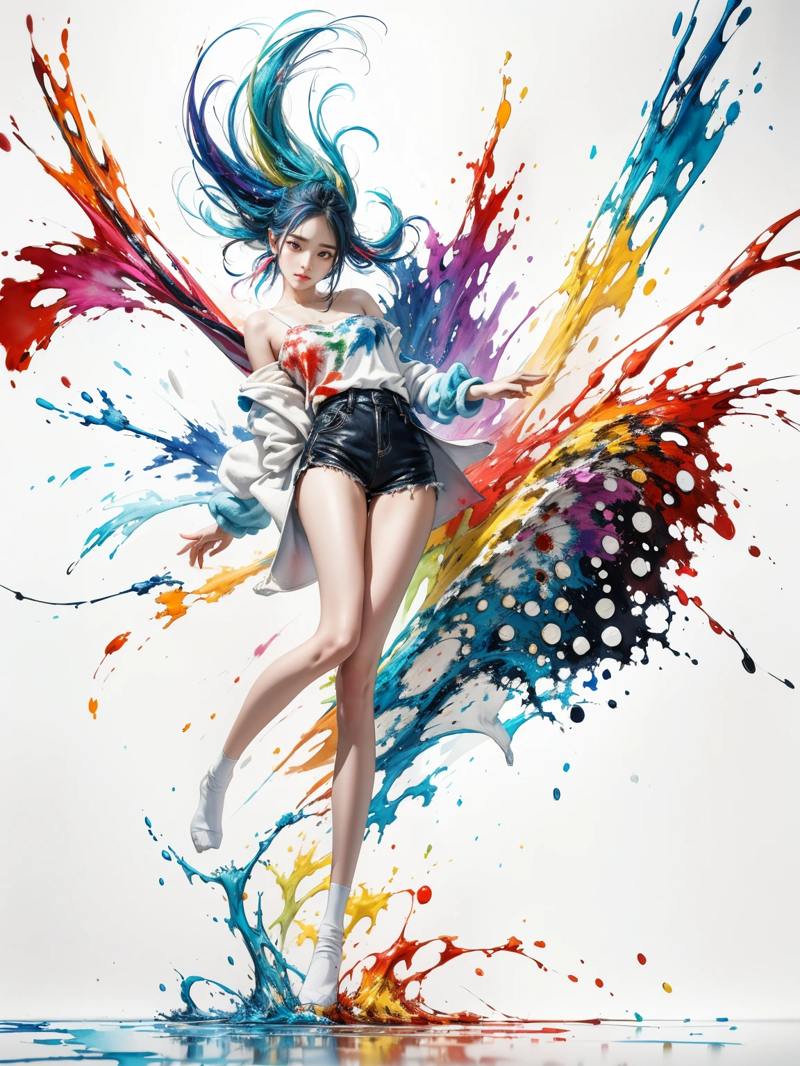 (Best quality, watercolor painting, colorful, sharp focus), (full body, wide angle shot), (1 cute Korean girl), Jackson Pollock action painting, kinetic expression, colorful hair, (Splash and Drip Art Minimalism:1.1), canvas white background, studio, style painting magic