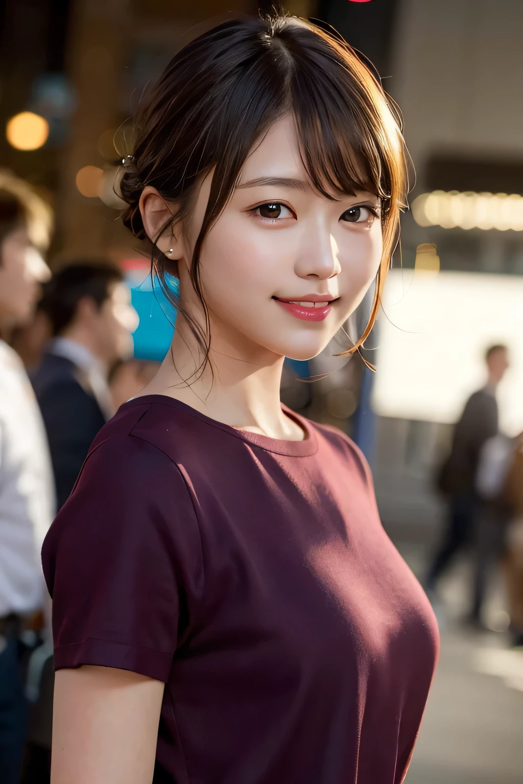 (8K、RAW photo、highest quality、masterpiece:1.2)、(realistic、Photoreal:1.37)、Super detailed、ultra high resolution、1 girl、see the beholder、beautiful and detailed face、big smile、narrow、(slim waist) :1.3)、shirt、beautiful and smooth skin、skin texture、short hair、、professional lighting、