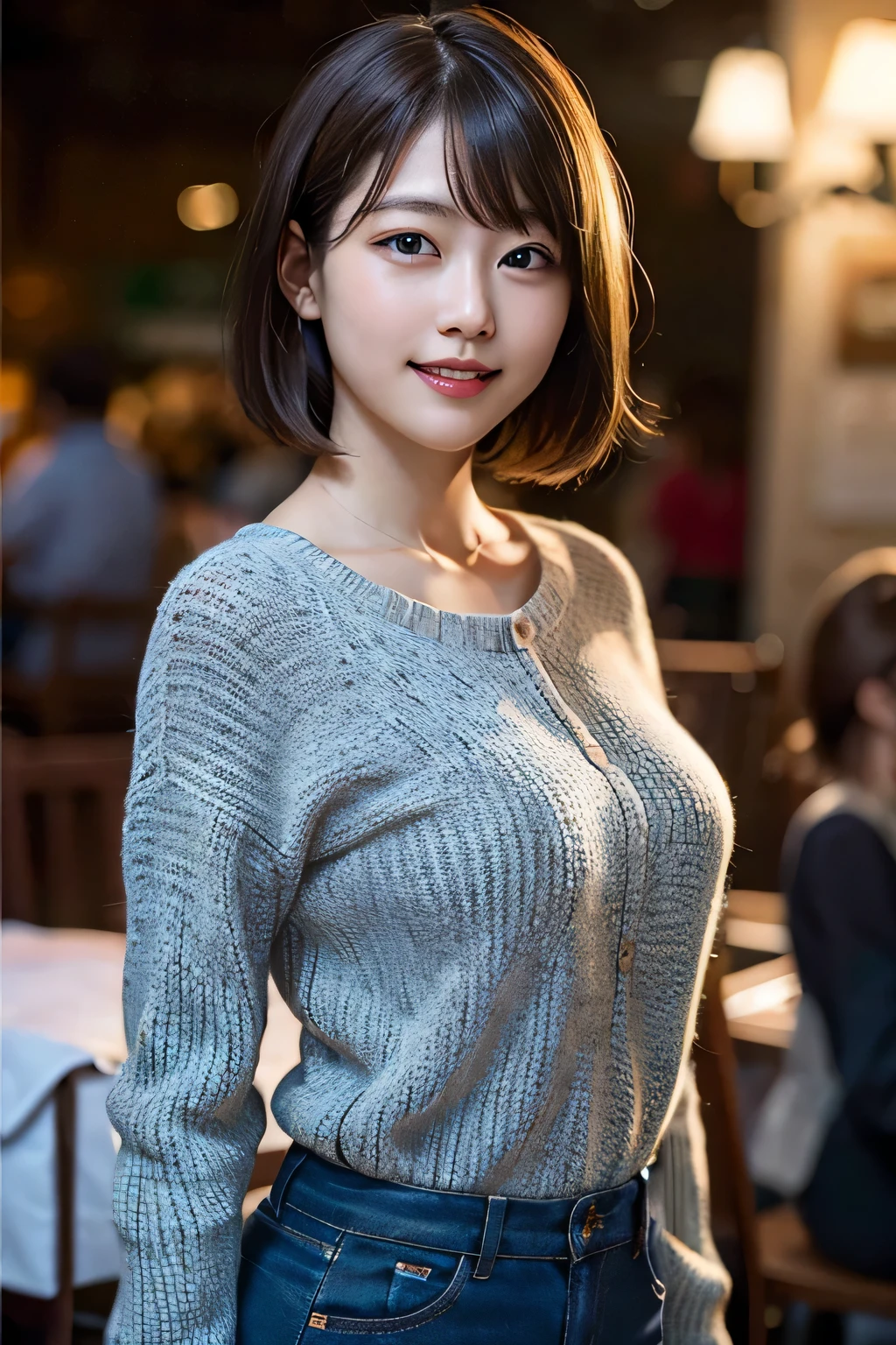 film photography, 1girl, white shirt, unbuttoned, red cardigan, denim short, white sneaker, cleavage, seductive smile, medium breast, full body, drunk blush:1.5, black wavy shoulder-length hair, serene, calm, (realistic detailed eyes, natural skin texture, realistic face details), soft dramatic lighting, depth of field, bokeh, vibrant details, finely detailed, hyperrealistic