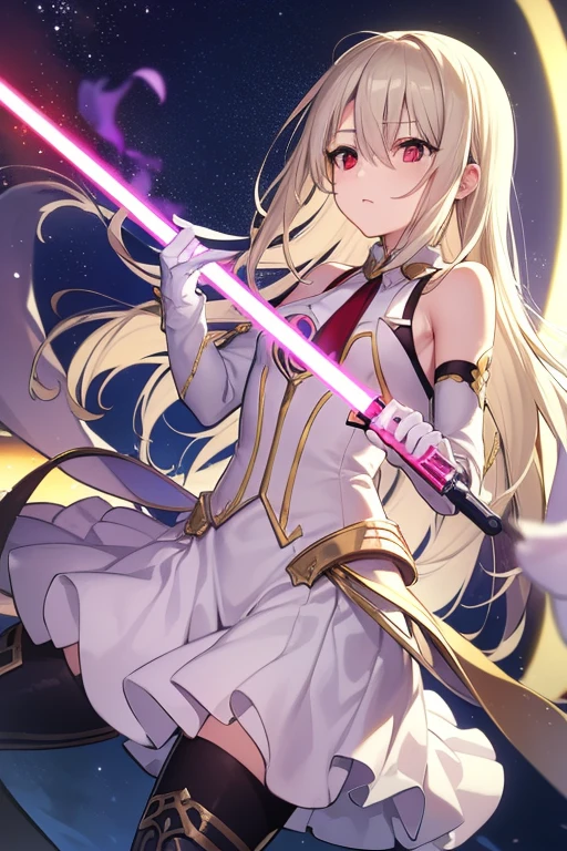Illyasviel von Einzbern, blonde hair, hair between eyes, long hair, (red eyes:1.5),
 boots, Detached sleeves, , white gloves, white skirt, absolute chance,Full screen of time array
(masterpiece:1.2), best quality, high resolution, unified 8k wallpaper, (illustration:0.8), (beautiful and delicate eyes:1.6), extremely detailed face, perfect lighting, Extremely detailed CG, (perfect hands, perfect anatomy),holding lightsaber，time domain，fortune god，The Supreme Power of the King，Hero King，Panorama，The Secret of the God Who Rules All Things