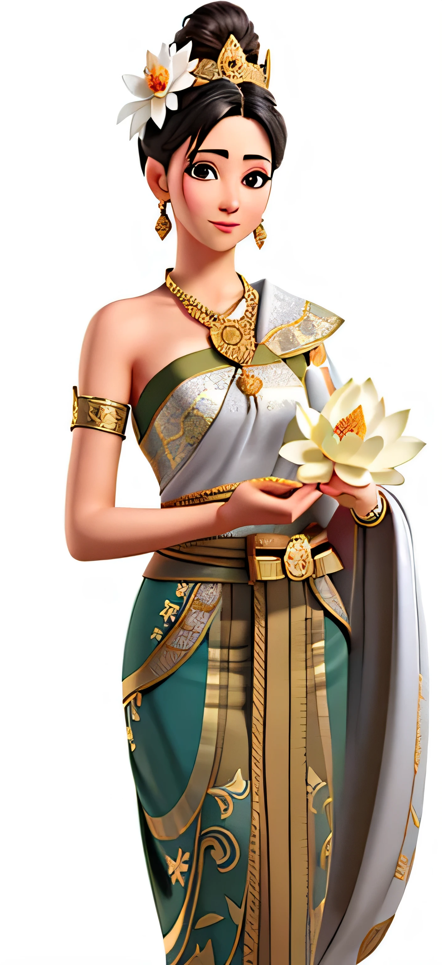 Thai beauty，Lotus flowers in hand，Golden necklace，gold earrings