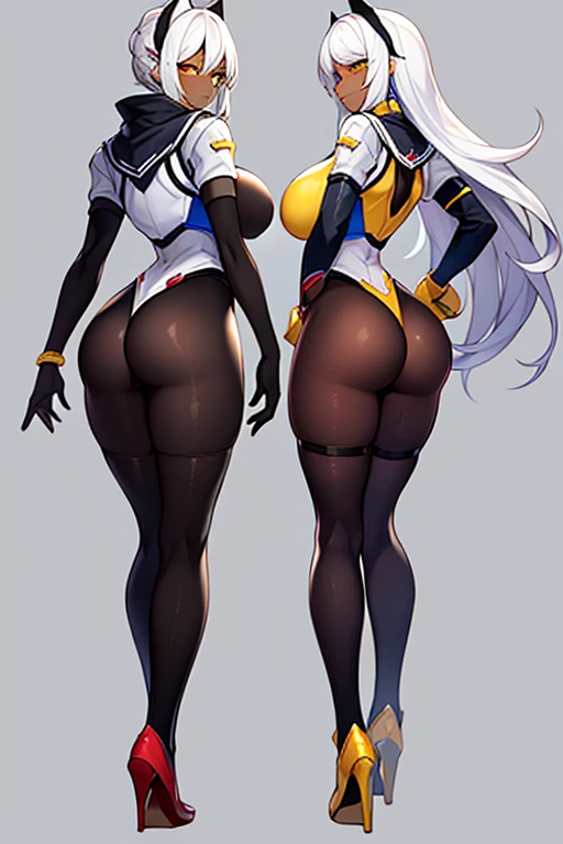 2girls, dark-skinned females, dark-skinned female, dark skin, white hair, long hair, large breasts, breasts, wide hips, yellow eyes, smile, bodysuit, black bodysuit, white trim, sleeveless, black pantyhose, pantyhose, futuristic, tech, science-fiction, full body, ((full body)), from behind, ass