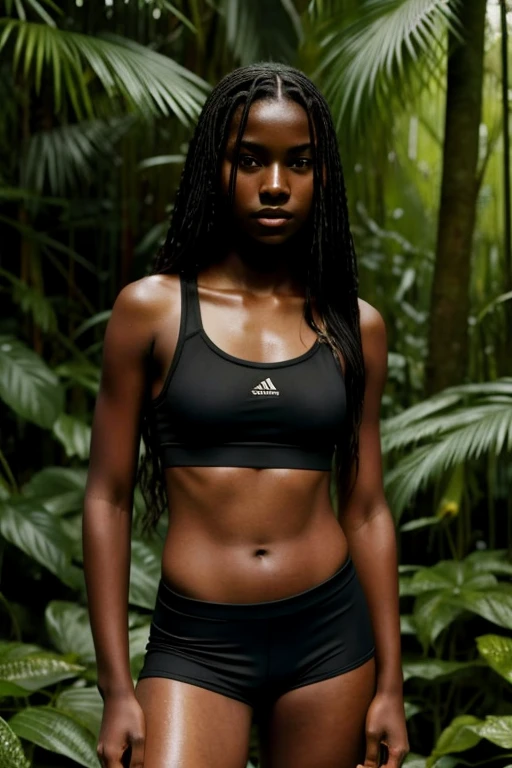 Masterpiece, Dark-skinned girl, long hair, black sports bra, black spandex shorts, wet skin, long socks, 13 years old, standing, facing the camera, in a rainforest