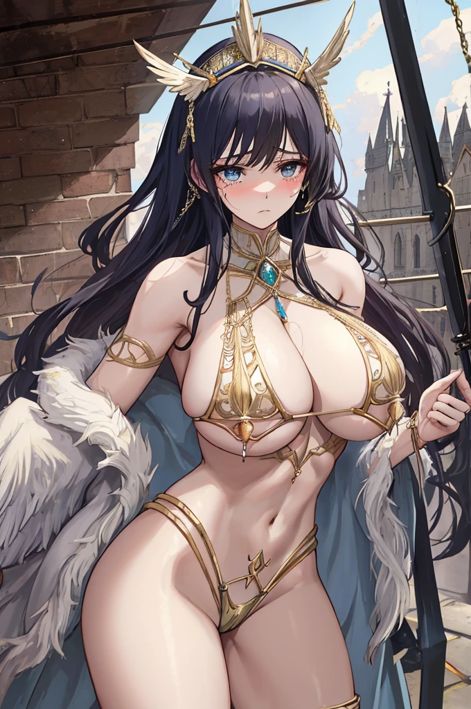 A woman with big ，Young and intellectual Valkyrie，Shame Warrior，victorian style，battle garment，clavicle，Prominent and smooth underboob，exquisite，transparent，Intricate details，Complex textures，，pubic，leg rings，shed tears，Fear，prisoner of war，