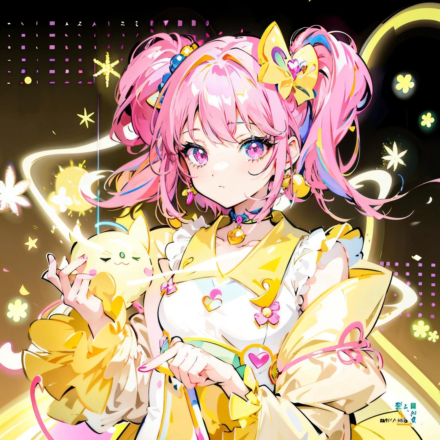 anime girl with pink hair and yellow dress holding a yellow bag, Anime cute art style, Holographic live broadcast, official artwork, Keda, High quality anime art style, Produced by Anime Painter Studio, Kitagawa Marin fan art, Be round, Anime visual of a cute girl, magical girl anime magical girl, (anime girl), portrait of the magical girl