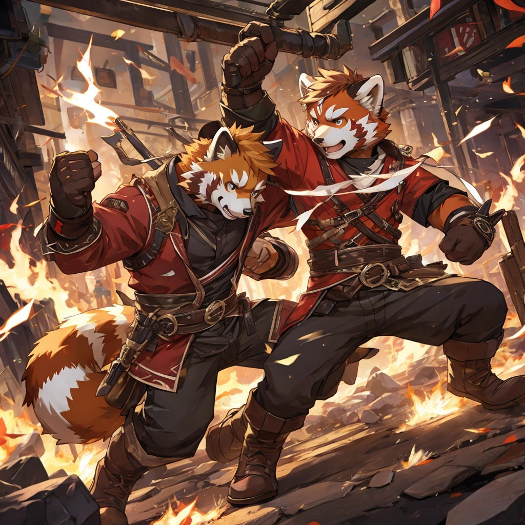 Red panda，Fight，Detailed character details