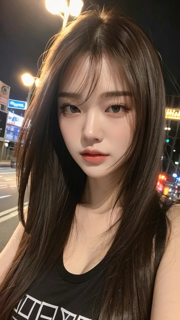 (best quality, high resolution, masterpiece :1.3), Pretty Woman, slender figure, dark brown hair, tee shirt, (city streets at night), Highly detailed face and skin texture, detailed eyes, double eyelid, Daily daily look,