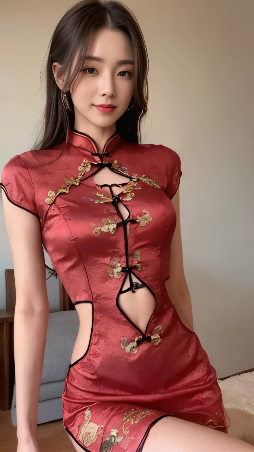 ((top-quality、8k、masterpiece:1.3))、Beautiful woman with perfect body:1.4、slim abdomen:1.2、Longhair, normal breast, Highly detailed facial and skin texture, A detailed eye, (smile), (full body shot), ((studio)), (sitting on chair), (((wearing red cheongsam), looking in front, (plain grey background)