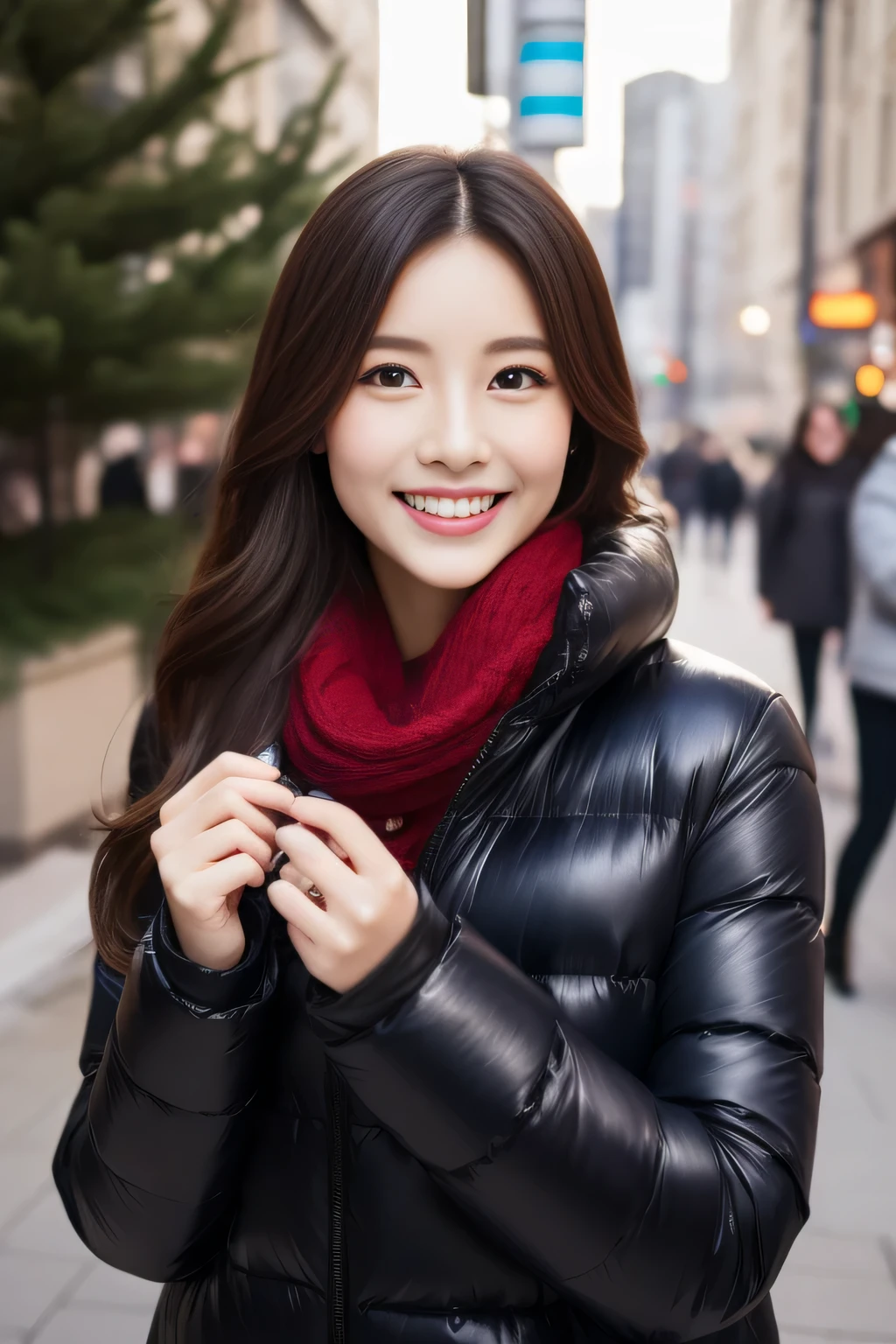 The face is a hostess、Down jacket、Blue muffler、high quality、surreal、healthy、smile、Perfect slender figure、beauty of japan、beautiful eyes、perfect face、beautiful skin、Upper body、Christmas tree、street
