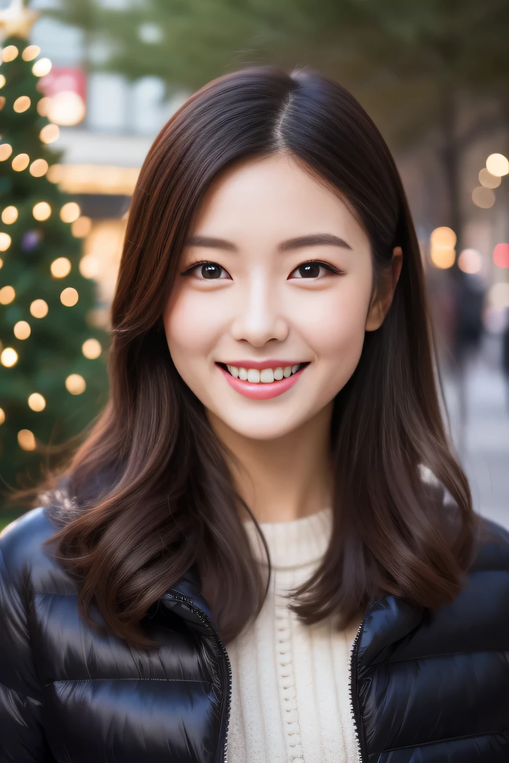 The face is a hostess、Down jacket、Blue muffler、high quality、surreal、healthy、smile、Perfect slender figure、beauty of japan、beautiful eyes、perfect face、beautiful skin、Upper body、Christmas tree、street