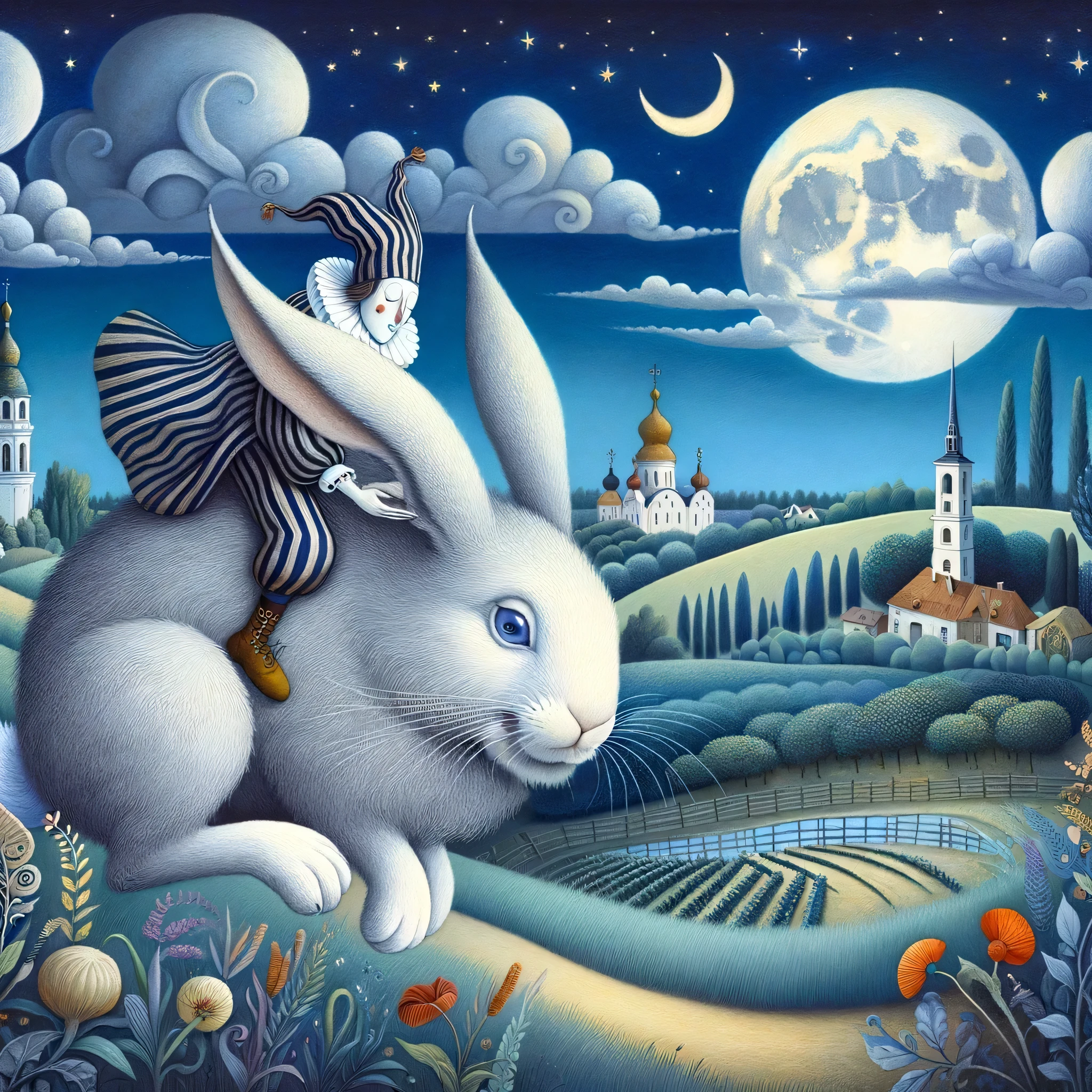 painting of a rabbit with a person riding on it, the white rabbit, white rabbit, russian folk fairytale, slavic folk fairytale, sergey zabelin, by Tomek Setowski, anthropomorphic rabbit, whimsical art, whimsical fantasy landscape art, by andrey ryabovichev, by Małgorzata Serwatka