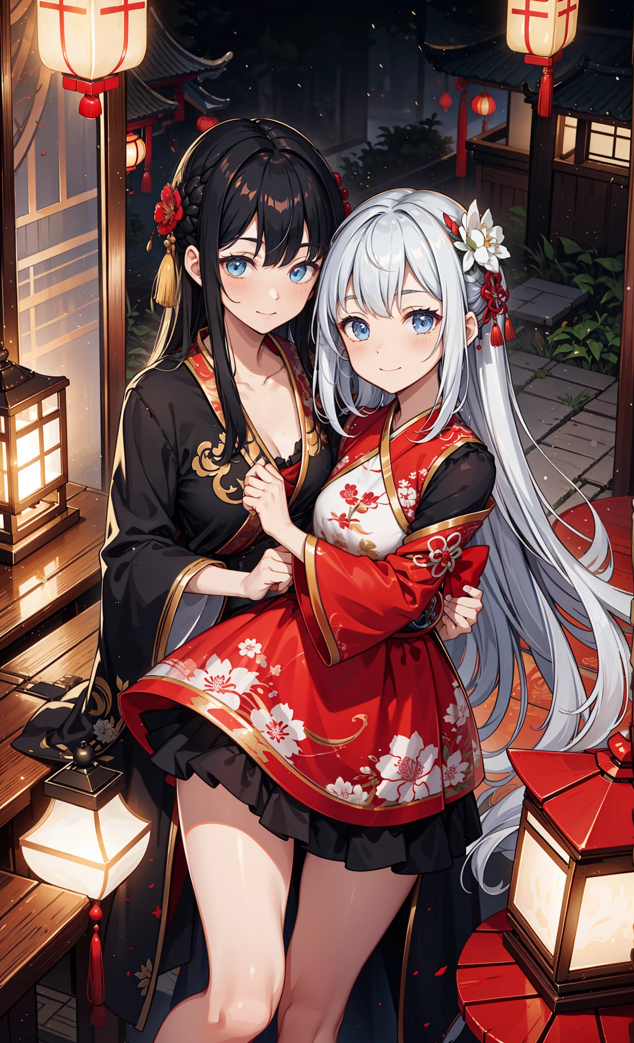 night,game scene,lunar New Year,celebration,Chinese palaces are full of mystery,shrouded in mist,age girl,having fun,glazed tiles,lantern,Pure and transparent Hanfu,Transparent fabric,Exquisite garments with multi-layer construction,enchanted,water mist,ink,Colorful,Exquisite and beautiful face,unpredictable, masterpiece,high quality,Beautiful graphics,high detail