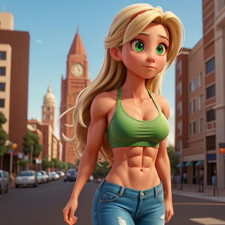 Jessica Alba, very cute, highly detailed face, highly detailed brown eyes, medium breasts, athletic physique, bodybuilder veins, highly detailed veins, veins everywhere, highly detailed toned abs, highly detailed muscular legs, highly detailed hands, wearing tight jeans, wearing sports bra, standing alone, in the city