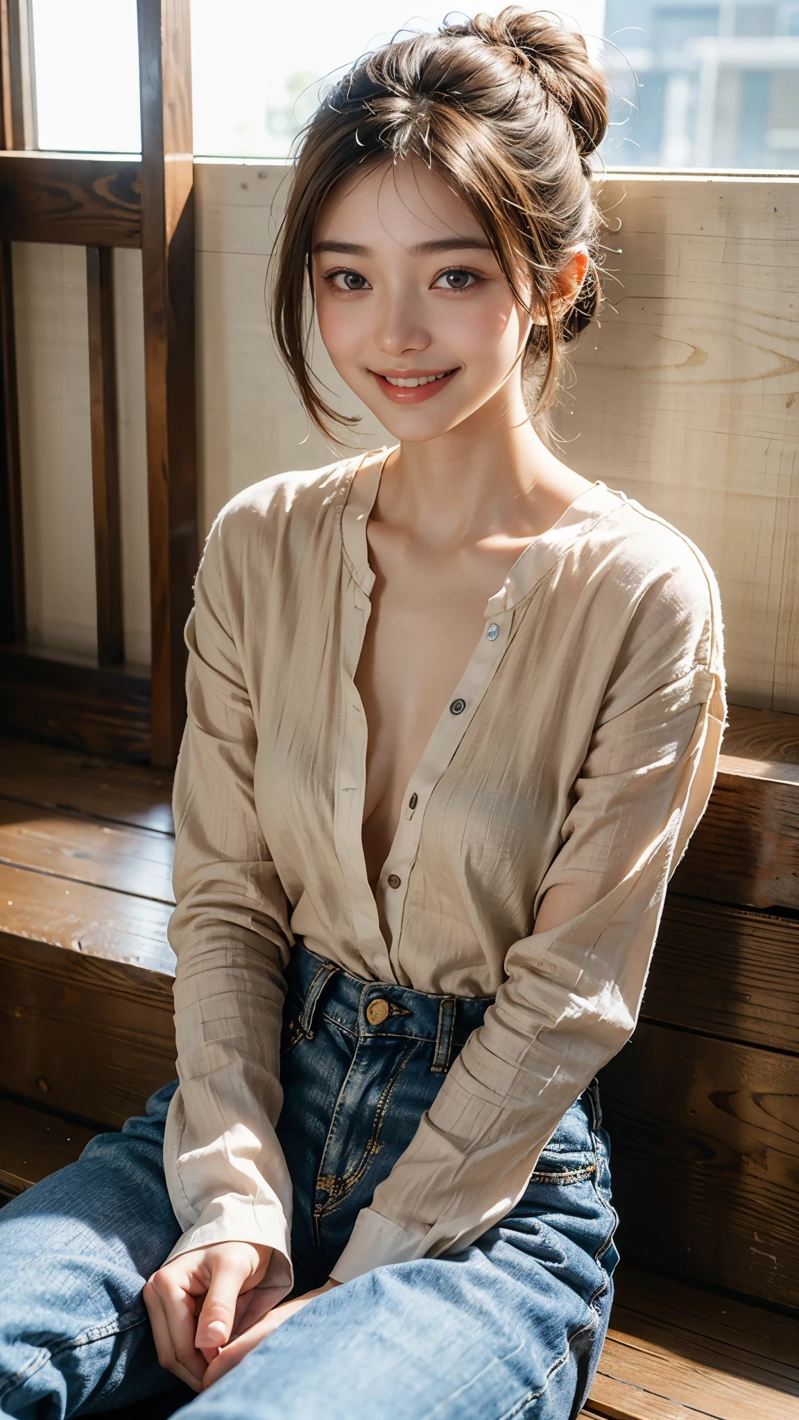 highest quality, masterpiece, ultra high resolution, (realistic:1.4), (close portrait) Raw photo, 1 girl, 22 years old,linen shirt,(loose linen pants),((long hair chignon)),masterpiece, realistic pictures, japanese pictures, fuji negative film, saturation, contrast, Pocari Sweat Advertisement ((small breasts)),((smiling showing teeth)),,brown hair,