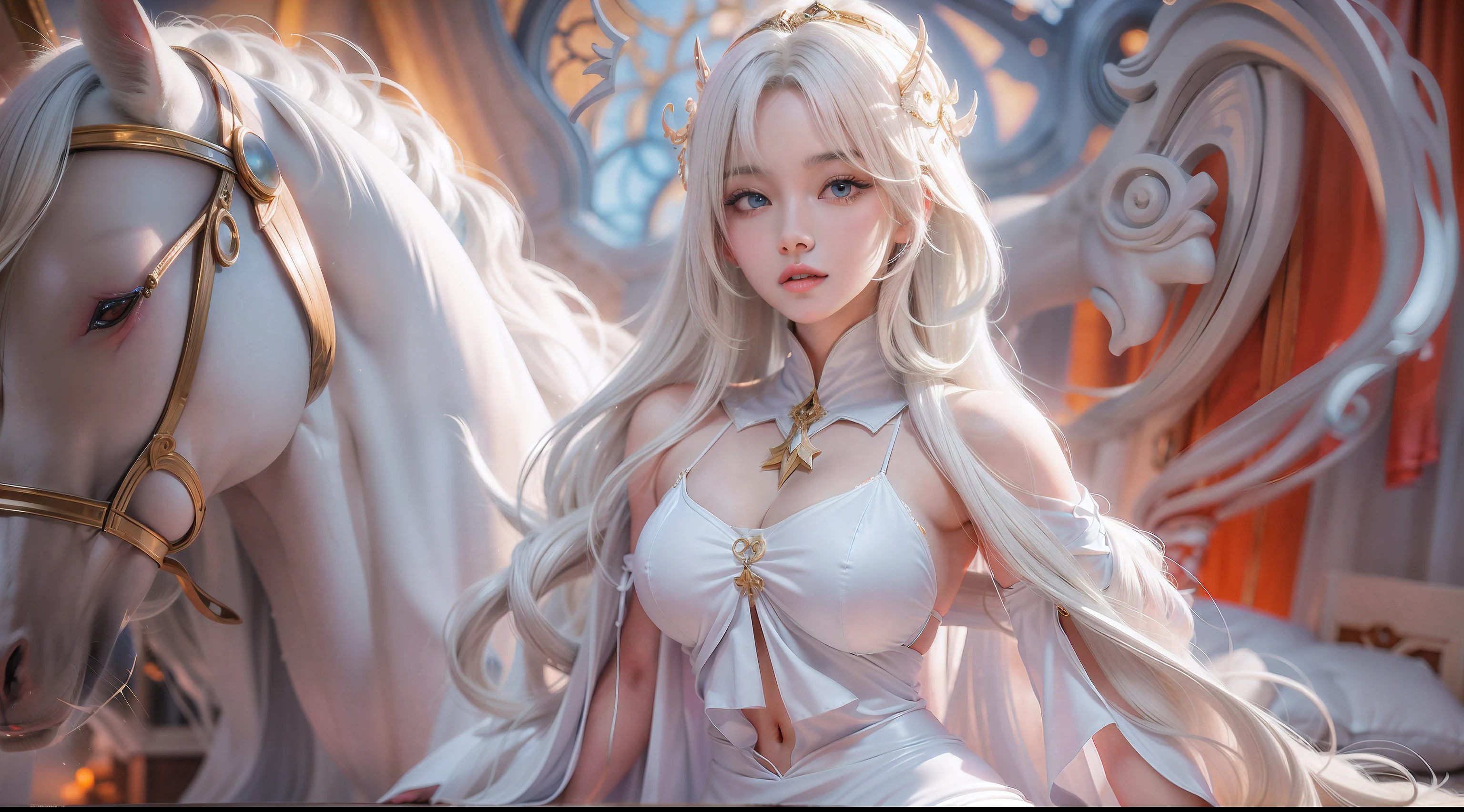 Art background art germ. High detail,in a panoramic view,1girll,Busty woman,Busty woman,Beautiful young woman with white concept dress with white high slit dress,cloaks,hooding,on a white horse,(Templar style),Red Cross tattoo,White princess hair,Sculptural body,Perfect blue and beautiful eyes,Glowing painting,Super sharp,realisticlying,32K,IG model | Art germ, Extremely detailed Artgerm, Art germ. anime illustration, Art germ. High detail, Art germ on ArtStation Pixiv, Fanart Meilleure ArtStation, Detailed digital anime art, Smooth anime CG art, Deviantart ArtStation CGSCOSIETY, 8K high quality detailed art