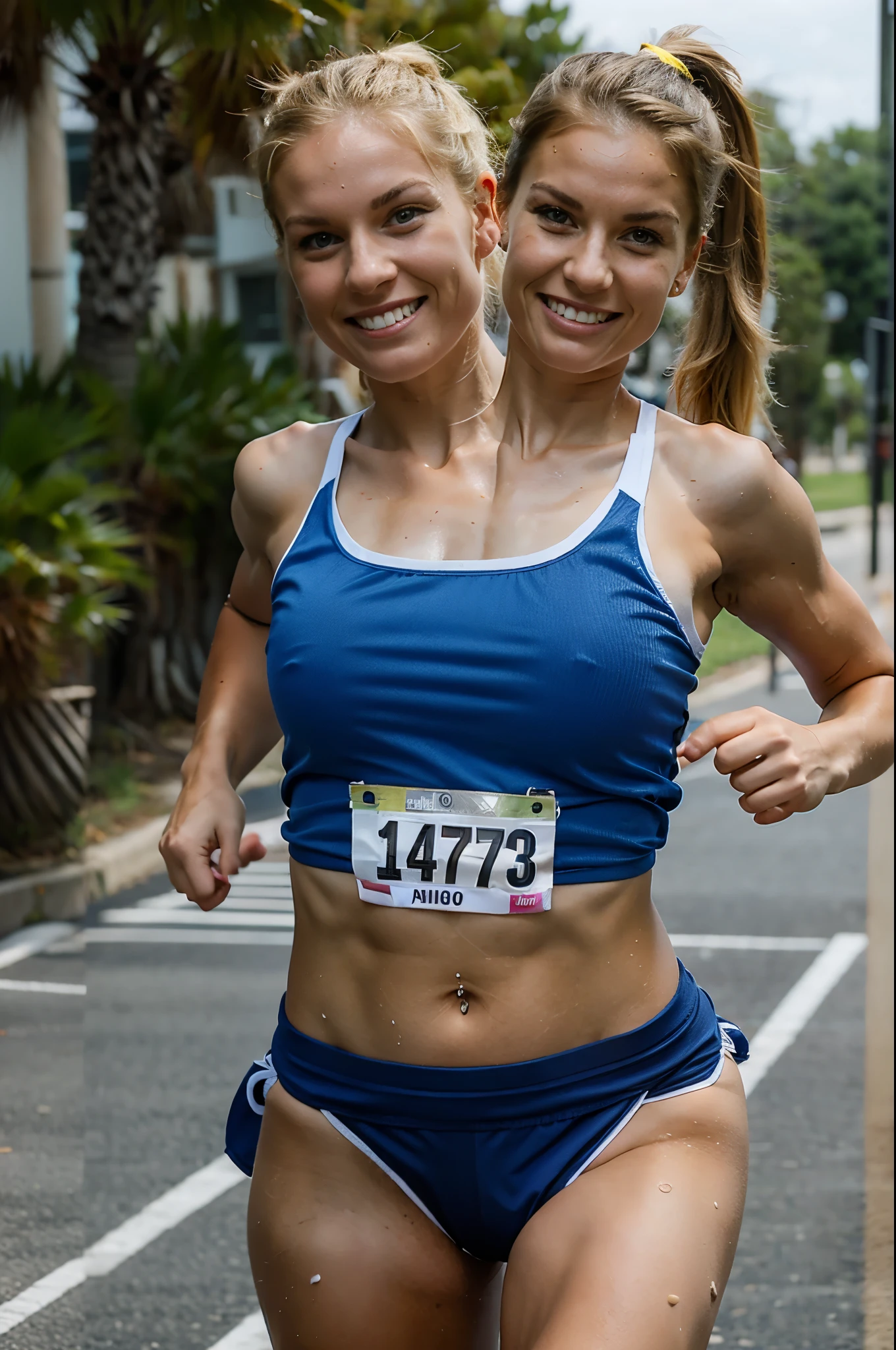 2heads, two headed woman, age 25, blonde, athletic, ponytail, running marathon, determined, sweaty,