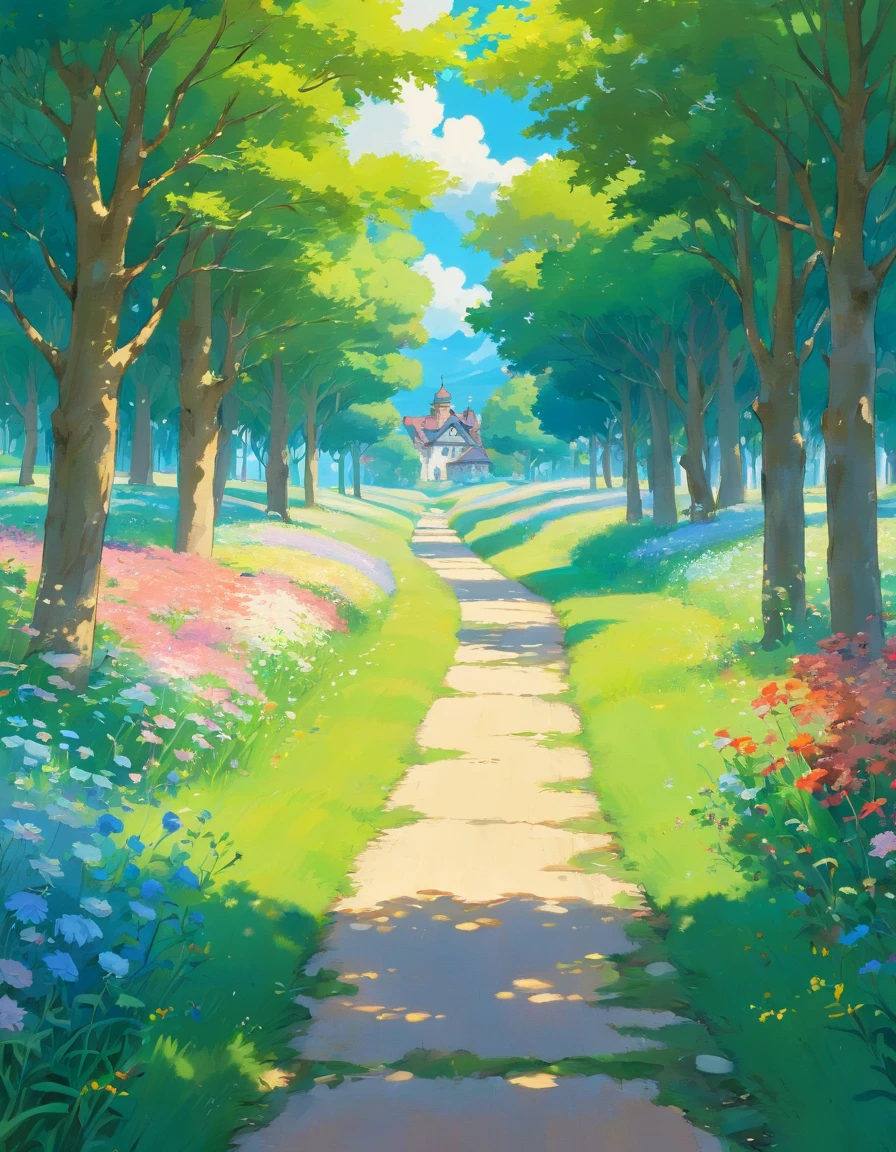 actual, real, Beautiful stunning landscape oil painting Studio Ghibli Hayao Miyazaki petals prairie blue sky grassland country road,architecture, --v6