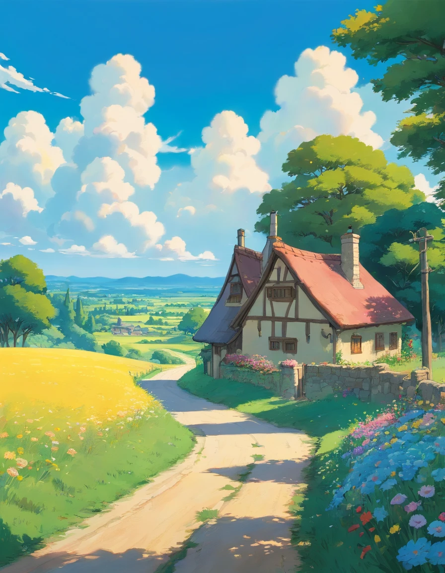 actual, real, Beautiful stunning landscape oil painting Studio Ghibli Hayao Miyazaki petals prairie blue sky grassland country road,architecture, --v6