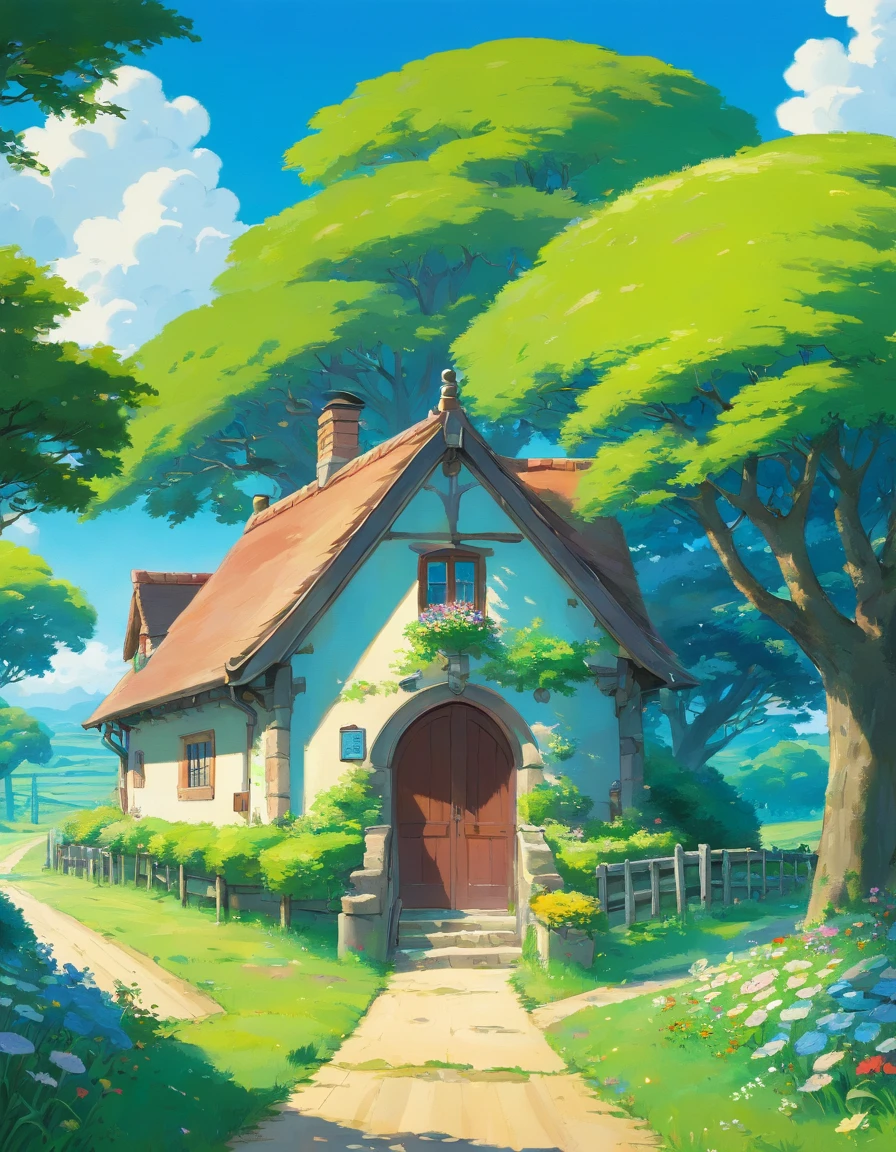 actual, real, Beautiful stunning landscape oil painting Studio Ghibli Hayao Miyazaki petals prairie blue sky grassland country road,architecture, --v6