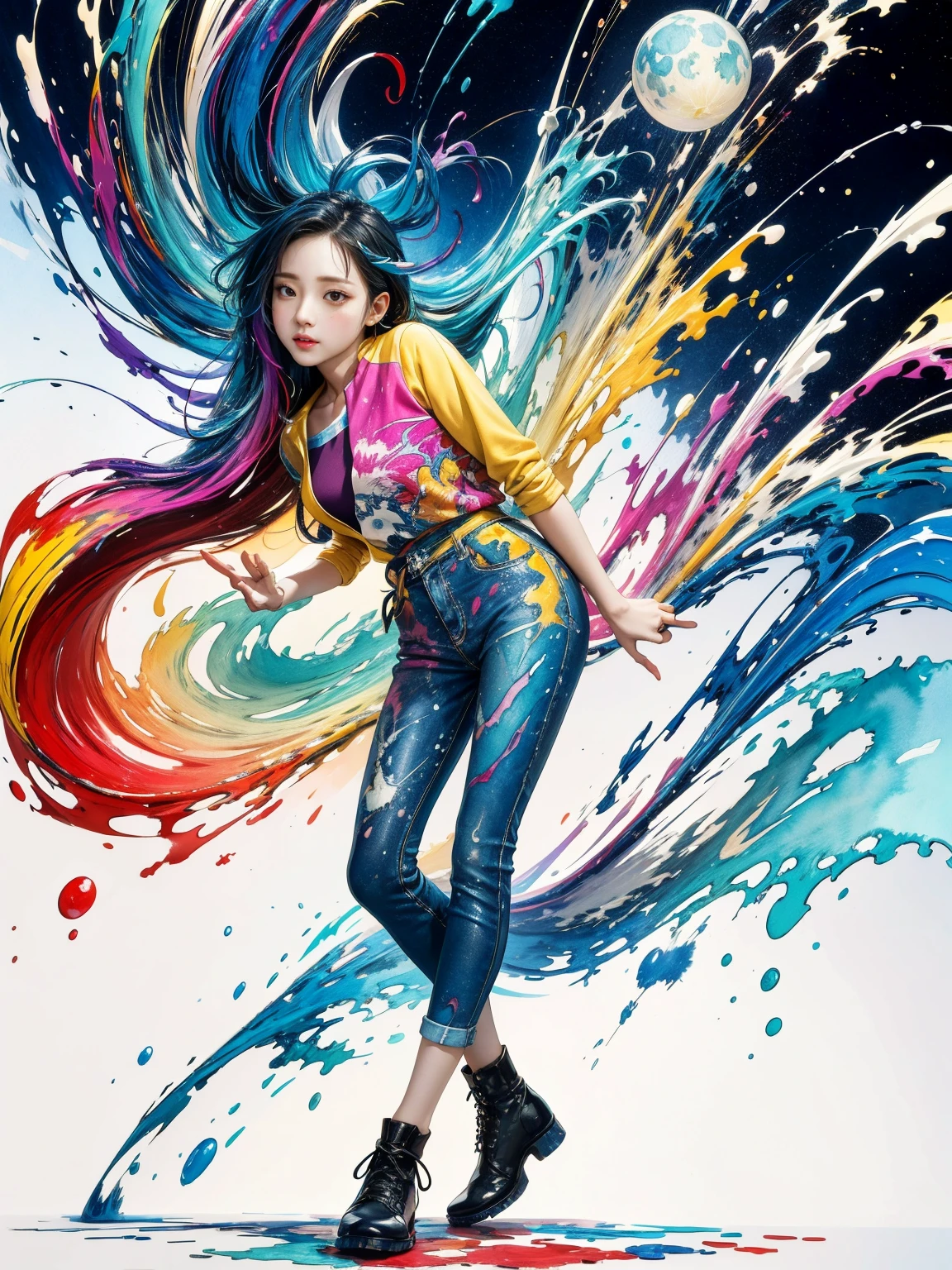 (Best quality, watercolor painting, colorful, sharp focus), (full body, wide angle shot), (1 cute Korean girl), Jackson Pollock action painting, kinetic expression, colorful hair, (Splash and Drip Art Minimalism:1.1), van gogh star moon sky background, studio, style painting magic