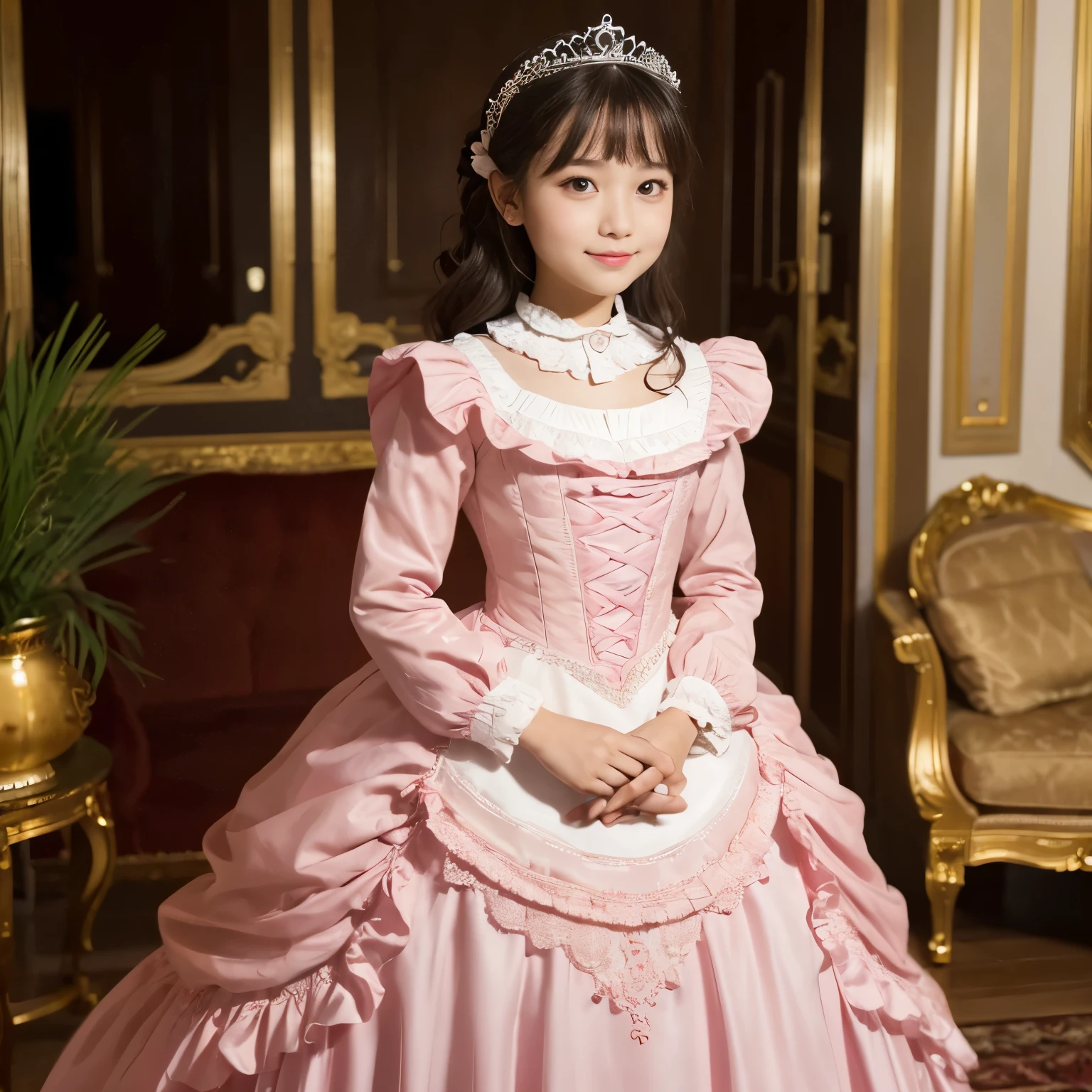 highest quality, masterpiece, highest resolution, artwork, super それにget used to it, many get used to it, get used to it, それにget used to it,, girl,cute girls,((lol)),((All 10 year old girls)),girls are princesses,everyone wears a tiara on their head,((all have volume,She is wearing a pink Victorian ball gown dress with a full-length hoop skirt)),the dress is round and bulging,(Long sleeves with ruffles),((A long dress that almost touches the floor)),A dress with lots of frills and ribbons..,((ruffle yoke collar)),luxury,inside the palace,Satin fabric dresses,