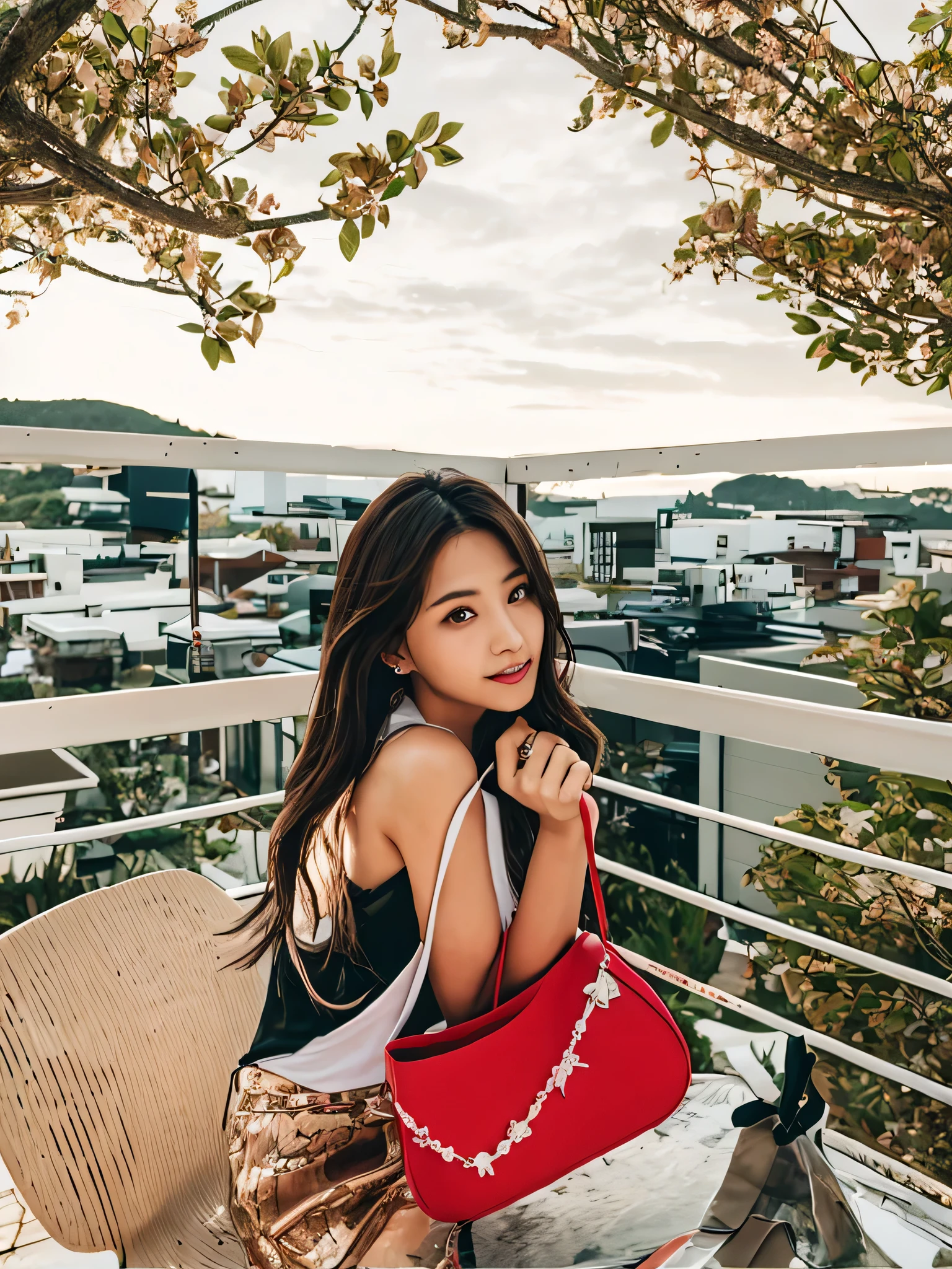 Beautiful Japanese woman sitting on rooftop terrace chair holding black bag, The original background and the clothes worn by the model are identical...