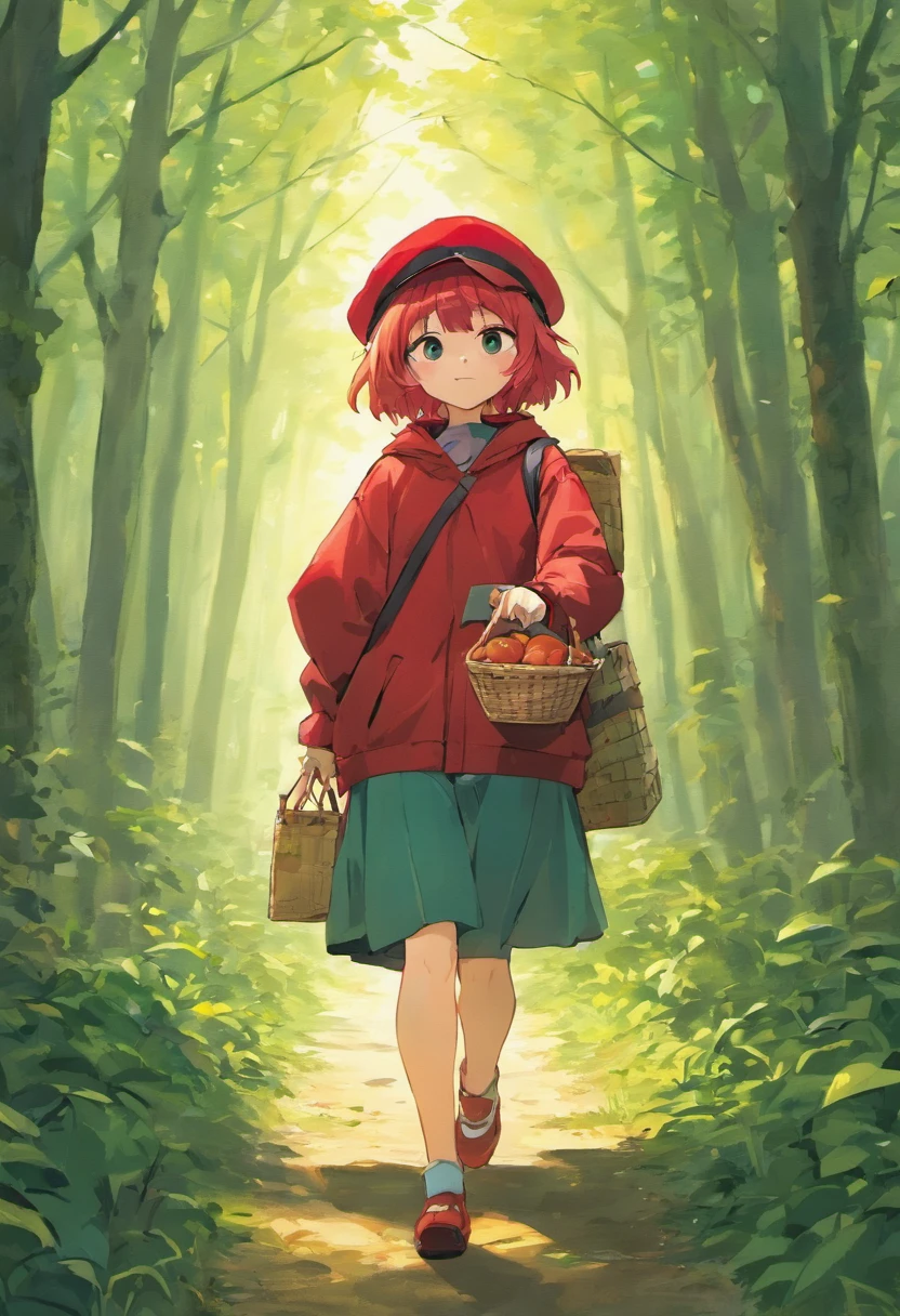 Illustration of a girl with a red cap, who goes into the forest with a basket of pies for grandma.