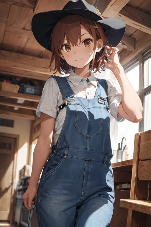 (((best quality))), ((ultra-detailed)), misaka mikoto, cowboy hat, collared shirt, bib overalls, blue overalls, ((overalls trousers)),