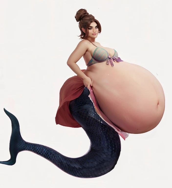 Super big fat mermaid, enormous fat belly, stuffed belly, round pregnant belly, mermaid with a purple tail fin, wearing a pink skirt, holding onto shirt with one hand, rubbing belly with one hand, bikini bra, brown tall hair bun, seductive smirk