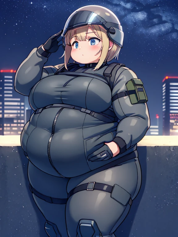 Massively obese tactical soldier girl, fat rolls, short blond hair, (obese belly):1.4, (obese thighs):1.4, bbw, wide hips, tall black boots, flustered, stuck, bodysuit, large ass, headset, ussbbw, (stuckage):1.2 extremely chubby,  BREAK metal walls, facility, hallways, factory, sheet metal, dark, abandoned, vent