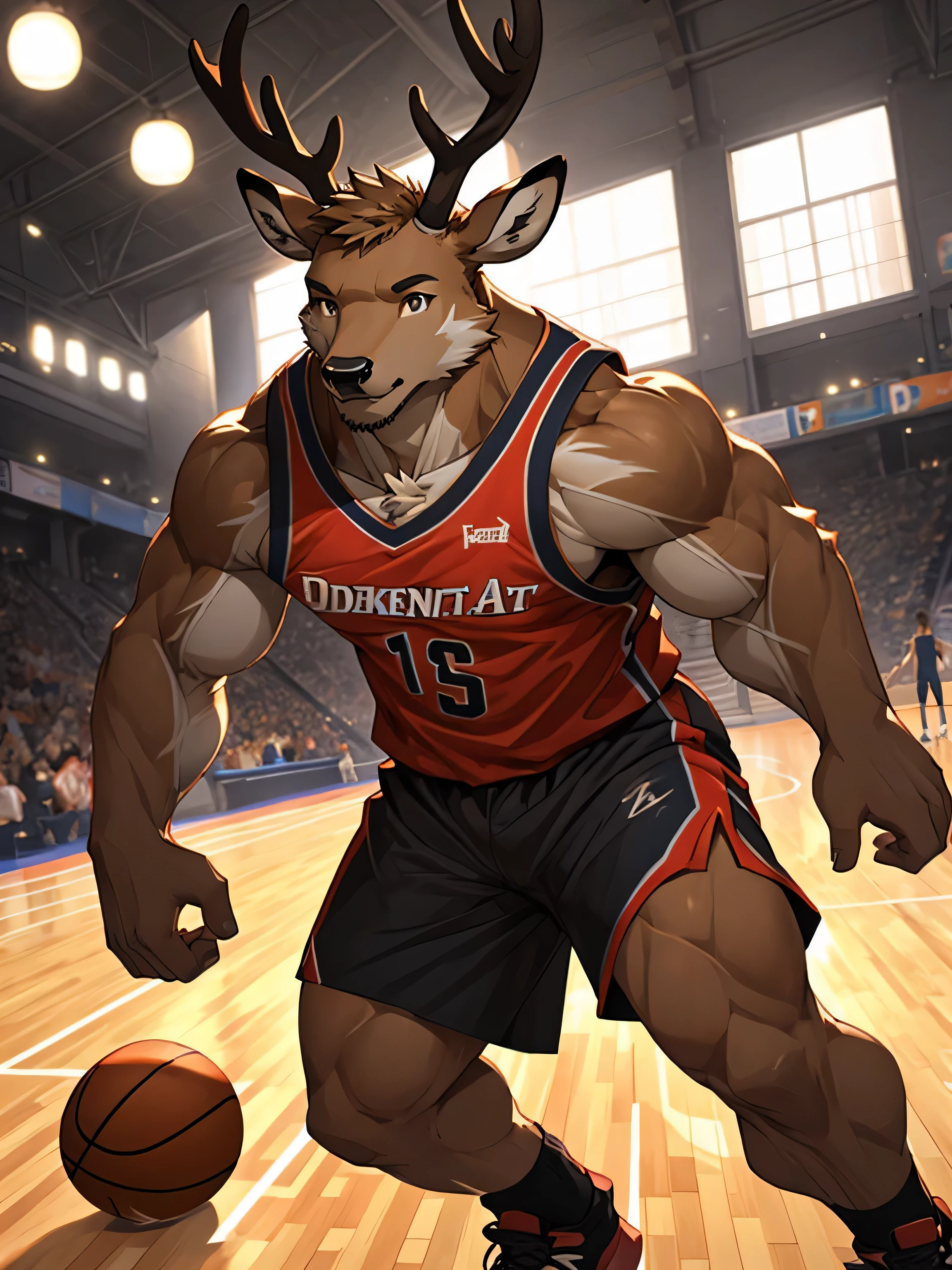 Furry,young deer,pitch black eyes(Realistic eye detail),Have muscles(Perfect muscle details),perfect anatomy,Wear basketball uniform,playing basketball on the court,Sweat stains all over the body,HDR,8K
