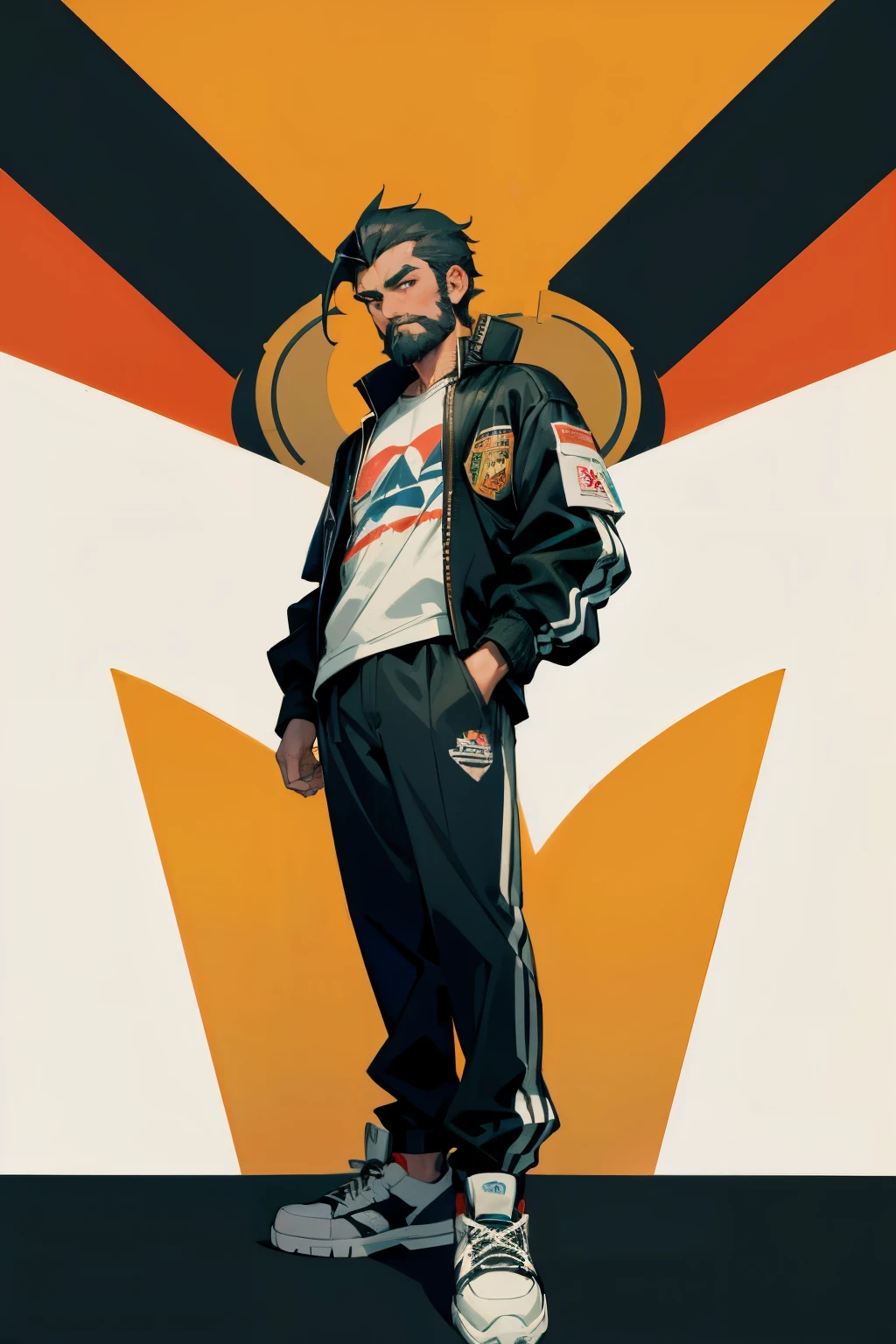 35 mm front camera view, spanish man looking at camera with beard arms down at sides hands open wearing a bomber jacket with t-shirt underneath and sneakers standing symmetrically entire body facing directly at camera