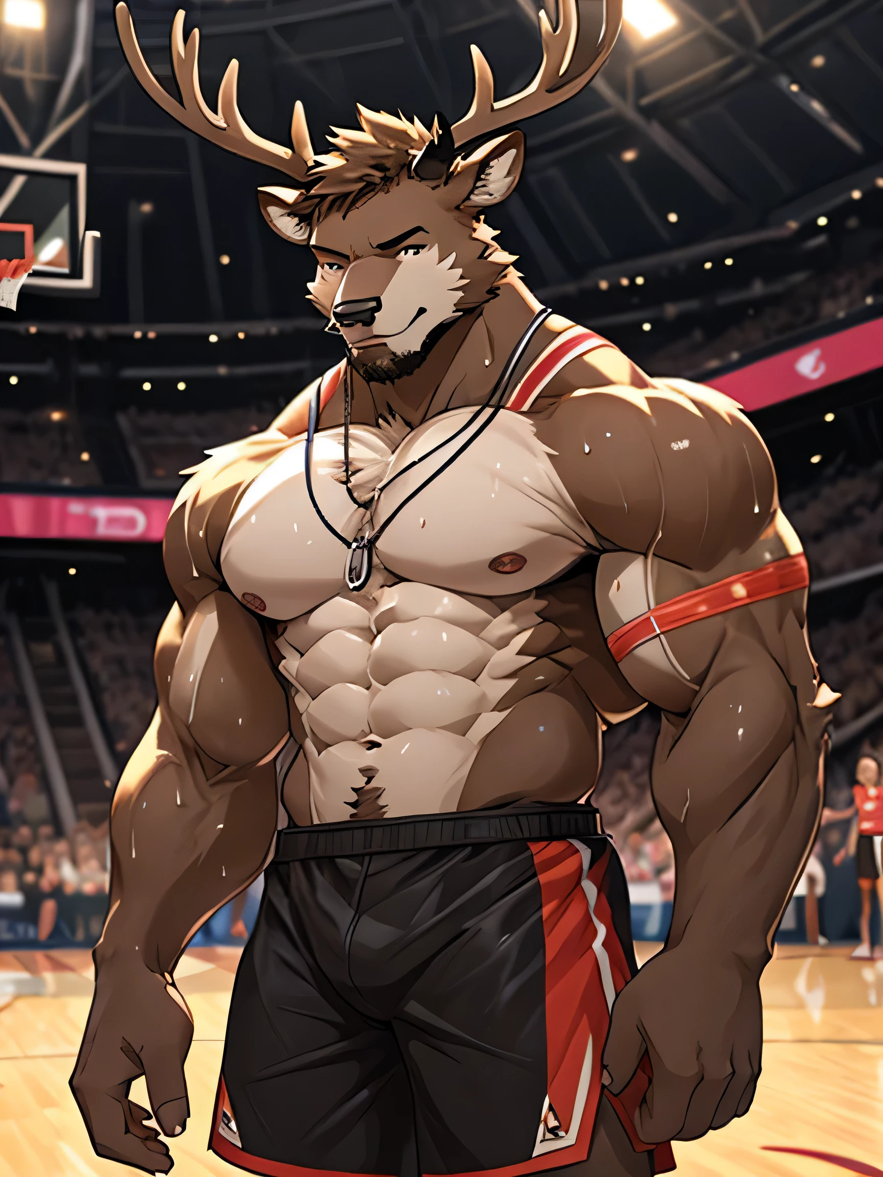 Furry,young deer,pitch black eyes(Realistic eye detail),Have muscles(Perfect muscle details),perfect anatomy,Handsome and seductive face,Wear basketball uniform,playing basketball on the court,Sweat stains all over the body,HDR,8K