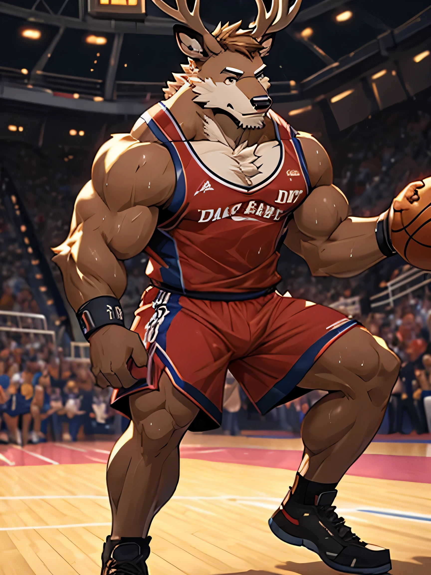 Furry,young deer,pitch black eyes(Realistic eye detail),Have muscles(Perfect muscle details),perfect anatomy,Handsome and seductive face,Wear basketball uniform,playing basketball on the court,Sweat stains all over the body,HDR,8K