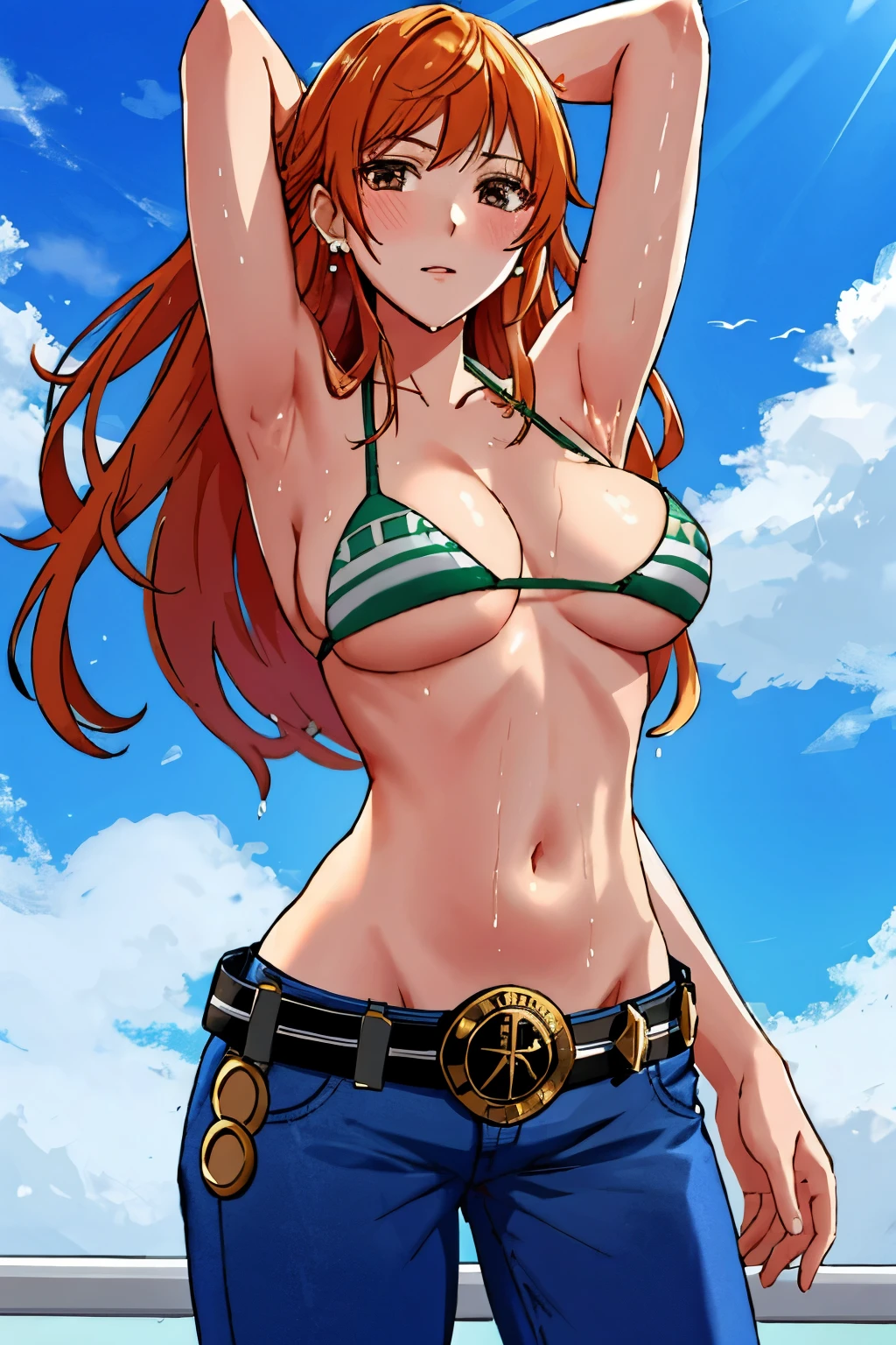 detailed background, masterpiece, 4K, best quality, 늦은 request소년, adult, wrestler body, 1 woman, Active, energetic, Uppercut, (Big mouth) , alone, Us \(One Piece\), 1 woman, bangle, (Very wet, Drenched in sweat, sweating all over, Very wet hair, tired, breathe, dehisce, exhausted, outcry, Sweaty face, sweaty body, Panting, sweating too much, Glittering sweat, sweaty armpits, trend, hands on hips, Serious, glaring), Perfect, detailed face, Draw bold lines, muscular arms, Detailed and thick arm lines, Flat chin, adult woman, wavy wide striped bangs, floating bangs, (Big cheeks), bare shoulders, off shoulder, belt, bikini, bikini top only, blue sky, bracelet, Elastic breasts, Breast line, Big round eyes, very large brown shiny eyes, foam, 높은 눈 stomach치, split, cloud, afternoon, request, earring, floating hair, shiny hair, green belt, green bikini, Thick groin line, requestpants, bijouterie, medium chest, Log Pose, long hair, looking at viewer, navel, wet hair, Orange hair, pants, shoulder Tattoo, side lock, sky, alone, standing, stomach, swimsuit, Tattoo , looking at viewer, dehisce, Detailed left arm, large forehead, hourglass shape, small head, A toned body, Broad head, wind effect, The Sun Effect, Under the sun, Narrow small ear angle, Previous, 무작stomach 포즈,