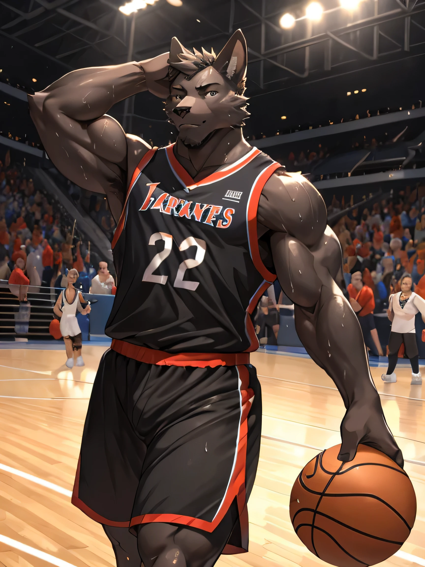 Furry,pitch black eyes(Realistic eye detail),Have muscles(Perfect muscle details),perfect anatomy,Handsome and seductive face,Wear basketball uniform,playing basketball on the court,Sweat stains all over the body,HDR,8K