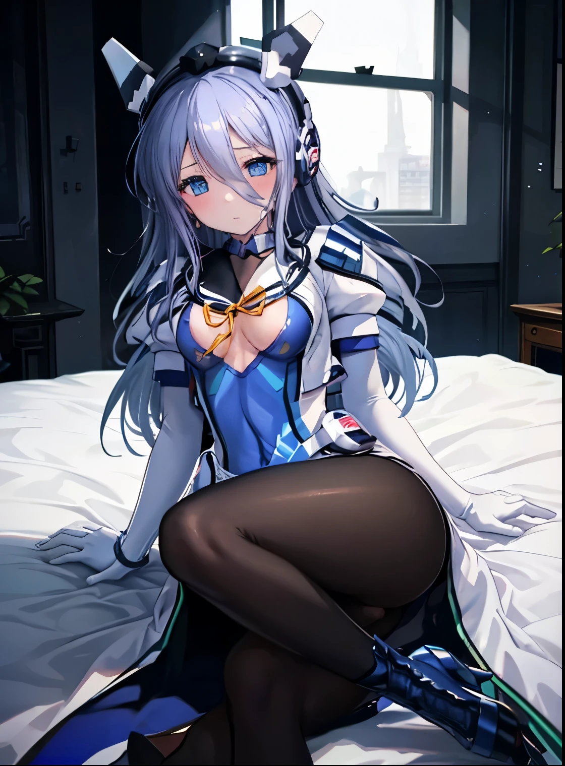 highest quality,sleep on your back in bed,Symphonic_Sugar,light blue hair,navy blue eyes,hair ornament,long hair,white long_glove,light blue short dress,black pantyhose,high heel, ,show me your boots,thigh high boots,Leotard sneak peek,glove,elegant, 1 girl, cute, blushed, looking at the viewer, from below, prison,blue eyes, beautiful eyes, beautiful background, particles of light, Light of the sun, dramatic lighting, outside, shiny, realistic, highest quality, Super detailed, get used to it, scenery, beautiful and detailed eyes, thin hair,full body shot,