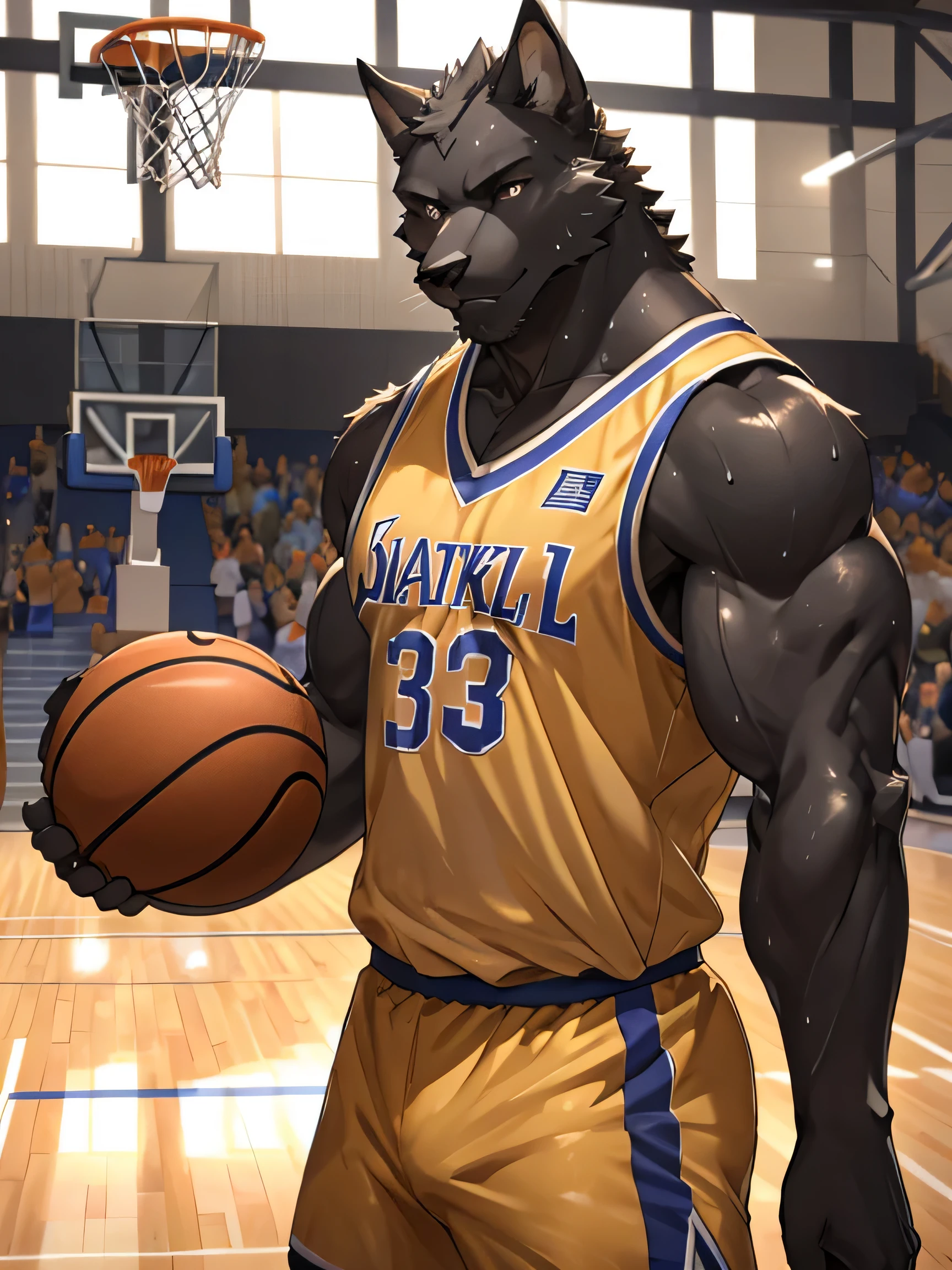 Furry,pitch black eyes(Realistic eye detail),Have muscles(Perfect muscle details),perfect anatomy,Handsome and seductive face,Wear basketball uniform,playing basketball on the court,Sweat stains all over the body,HDR,8K