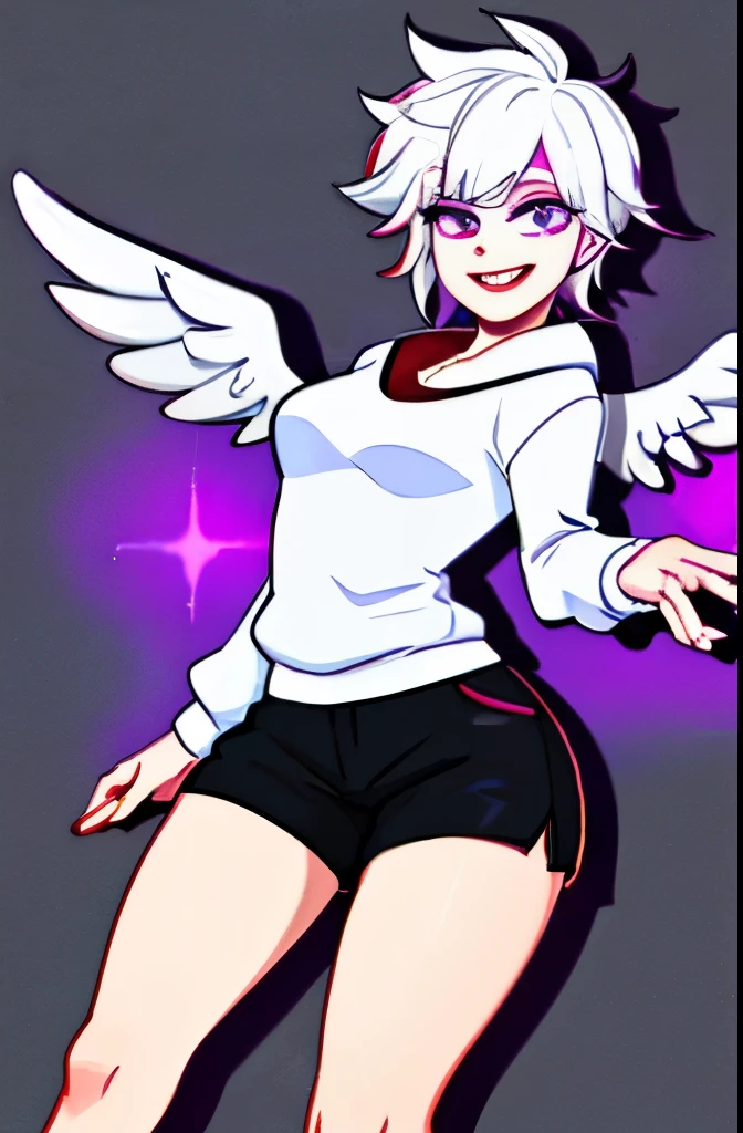 A non-binary person with angel dust style white hair, with red and purple eyes, smiling, wearing black shorts and white sweater with eyes covering it