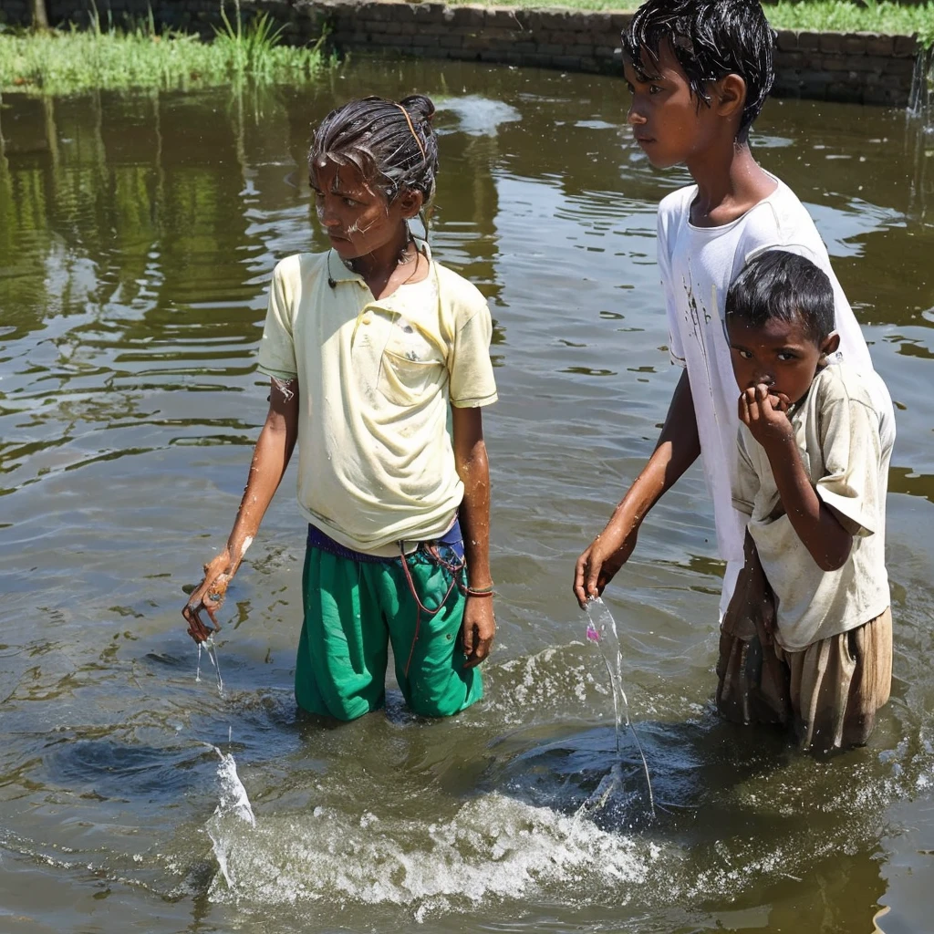 a malay man with african children at waterwell