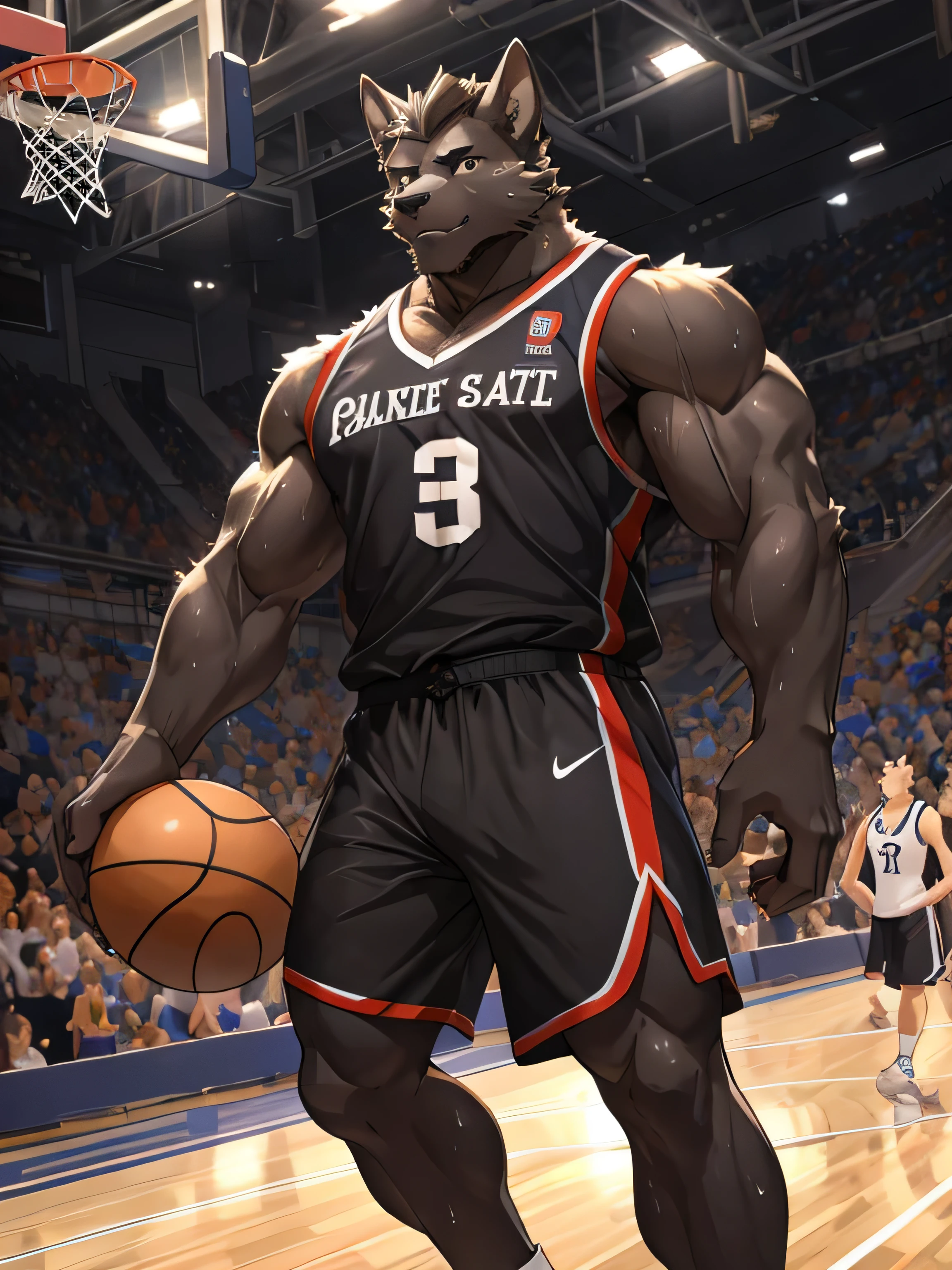 Furry,pitch black eyes(Realistic eye detail),Have muscles(Perfect muscle details),perfect anatomy,Handsome and seductive face,Wear basketball uniform,playing basketball on the court,Sweat stains all over the body,HDR,8K