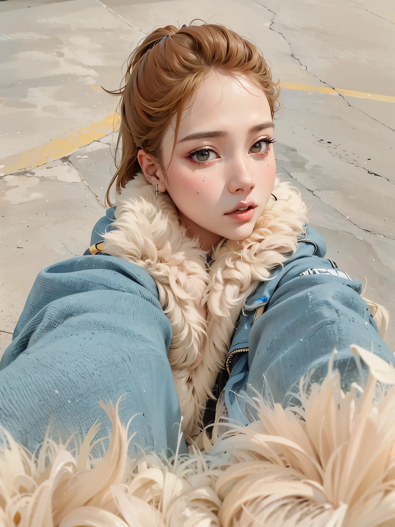 hay una mujer con un abrigo de piel y un celular, Abrigo de piel grueso azul cielo, ulzzang, Jinyoung Shin, pelaje esponjoso y esponjoso, amoranto, selfie de una mujer joven, pelo y pelaje de jengibre, pale and light skin!!, jossi de blackpink, parque roseanne de blackpink, Sky Blue Thick Skin Tunes