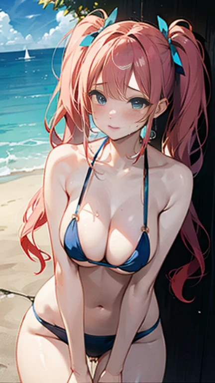 (beautiful skin、beautiful hair、4k、high resolution、crying、embarrassing、round chest、beautiful face、Beauty、sex)、micro bikini、Ocean、twin tails、condom