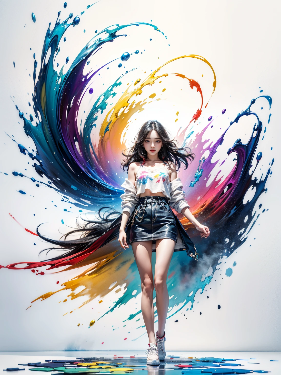 8k, RAW photo, realistic, photo-realistic, hyper-realistic, highest quality, best quality, masterpiece, highly detailed, absurdres,
masterpiece, best quality, (extremely detailed CG unity 8k wallpaper, masterpiece, best quality, ultra-detailed, best shadow), (detailed background), (beautiful detailed face, beautiful detailed eyes), High contrast, (best illumination), 1girl, Australian, multicoloured hair, beautiful, ((colourful paint splashes on transparent background, dulux)), ((caustic)), dynamic angle,beautiful detailed glow,full body, cowboy shot,