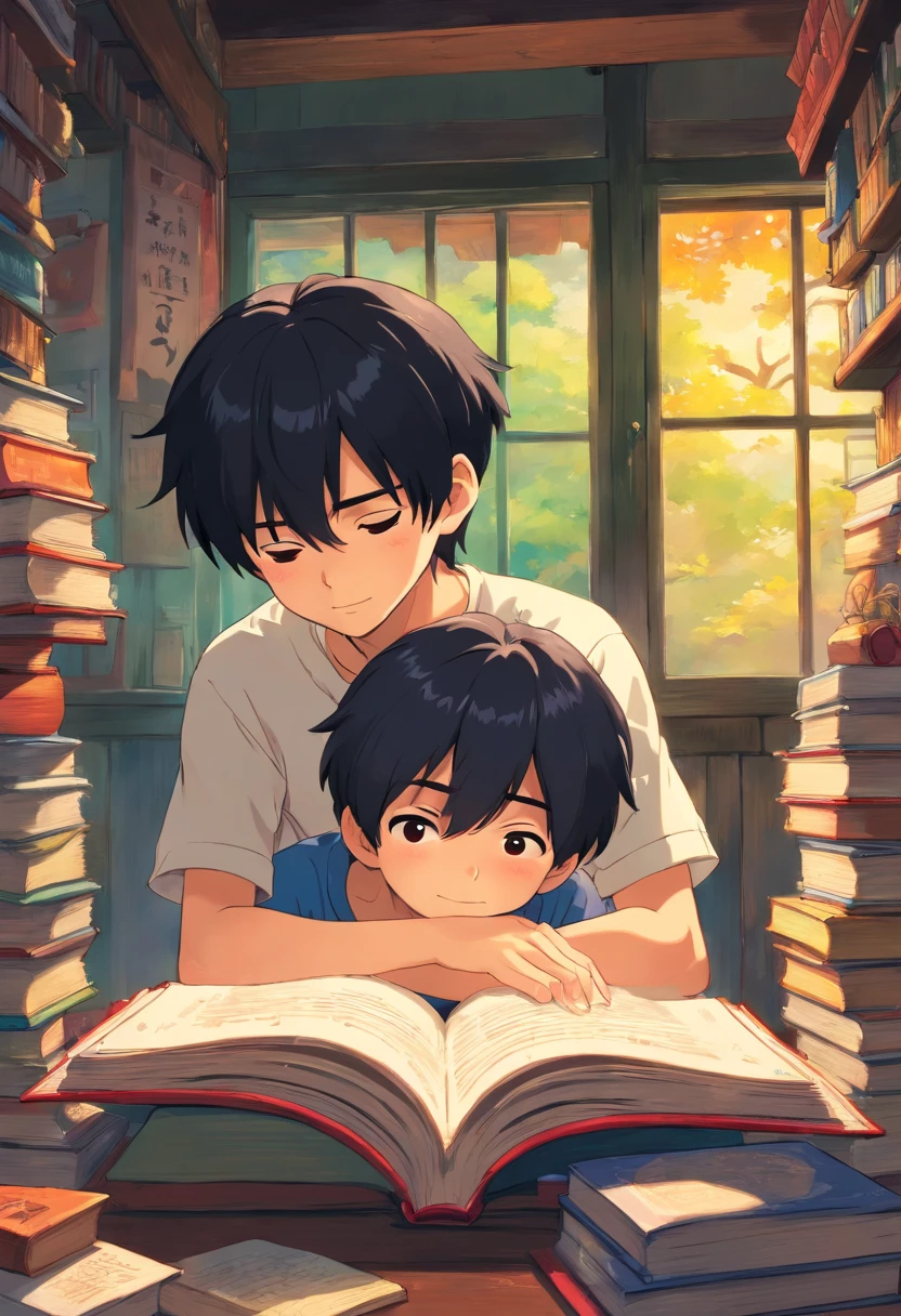 Boy;black hair; huging book;