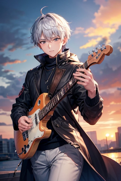 a handsome guy、20代の男性、Winter clothes、Silver-haired shorthair、brown eyes、long sleeve、Saxophonist、High resolution、In 8K、sharp focus、zoom、with the best image quality、highest quality