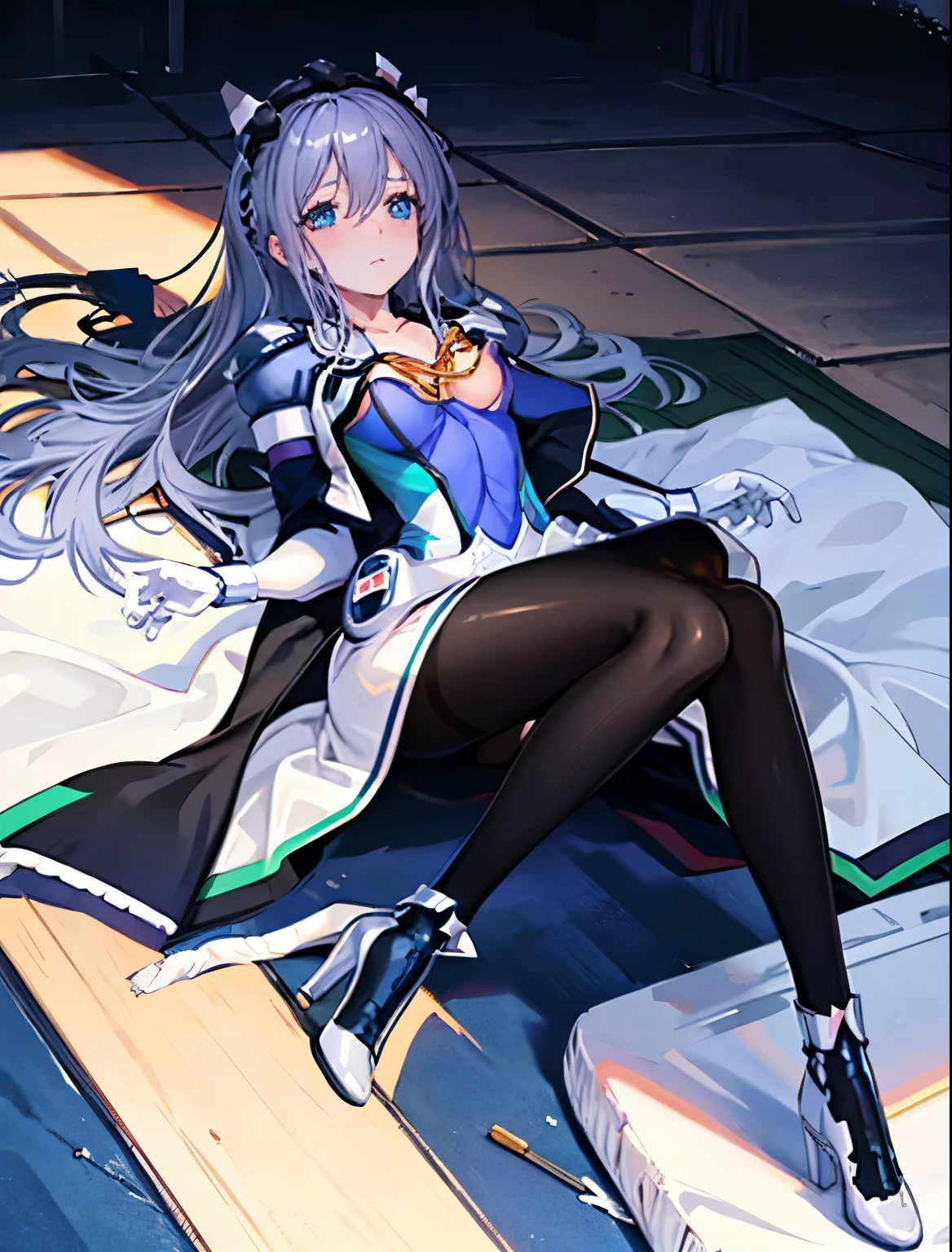 highest quality，Symphonic_Sugar,light blue hair,navy blue eyes,hair ornament,long hair,white long_glove,light blue short dress,black pantyhose,high heel, ,show me your boots，glove，elegant, 1 girl, cute, blushed, looking at the viewer, from below, prison，beautiful eyes, beautiful background, particles of light, Light of the sun, dramatic lighting, outside, shiny, realistic, highest quality, Super detailed, get used to it, scenery, beautiful and detailed eyes, thin hair，full body shot，