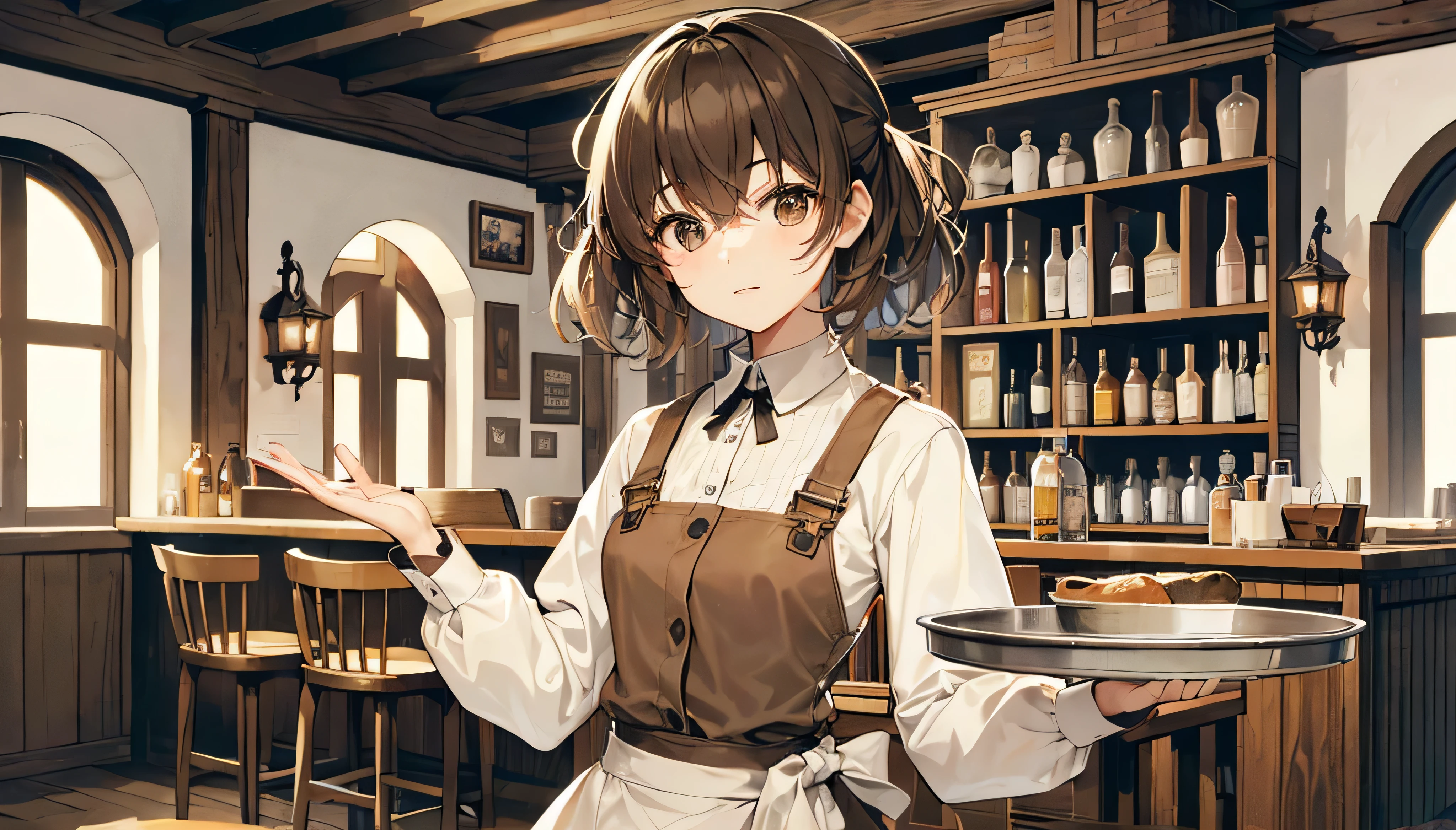 A female tavern owner, human, with middle-length brown messy hair(1.3), asymmetrical bangs(1.3), an average body, and ultra-detailed face featuring cute black eyes. She's dressed in a waitress style with natural colors and a simple design, holding a tray. The illustration is in a flat high-quality style. The background depicts a cozy, rustic tavern with wooden counters, shelves filled with bottles, and a warm atmosphere. She is standing at the tavern counter, raising her right hand, gesturing 'this way please'. She appears to be around 30 years old and has a hearty personality.
